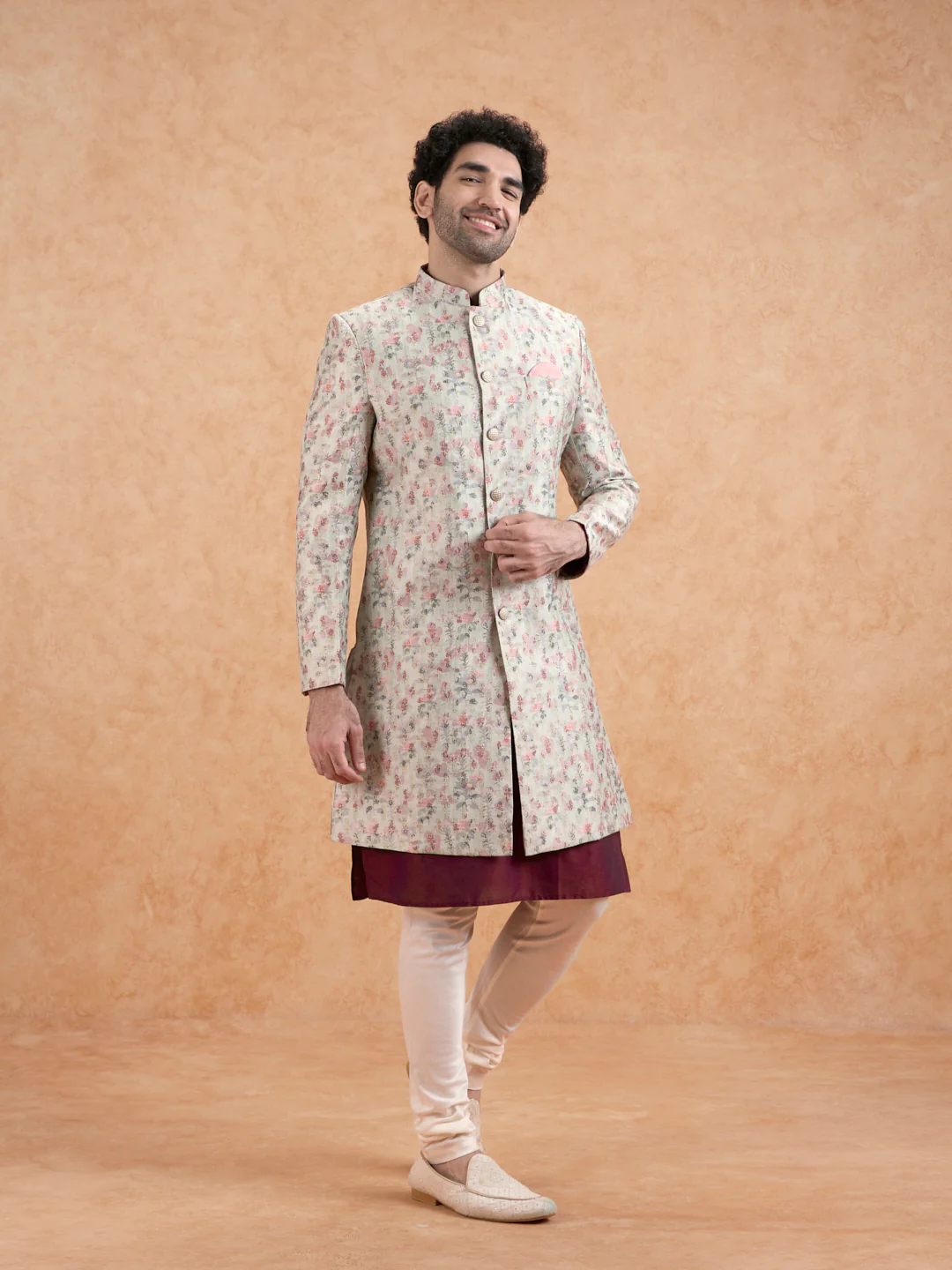 Ivory Floral Sherwani Kurta Set - Image 3