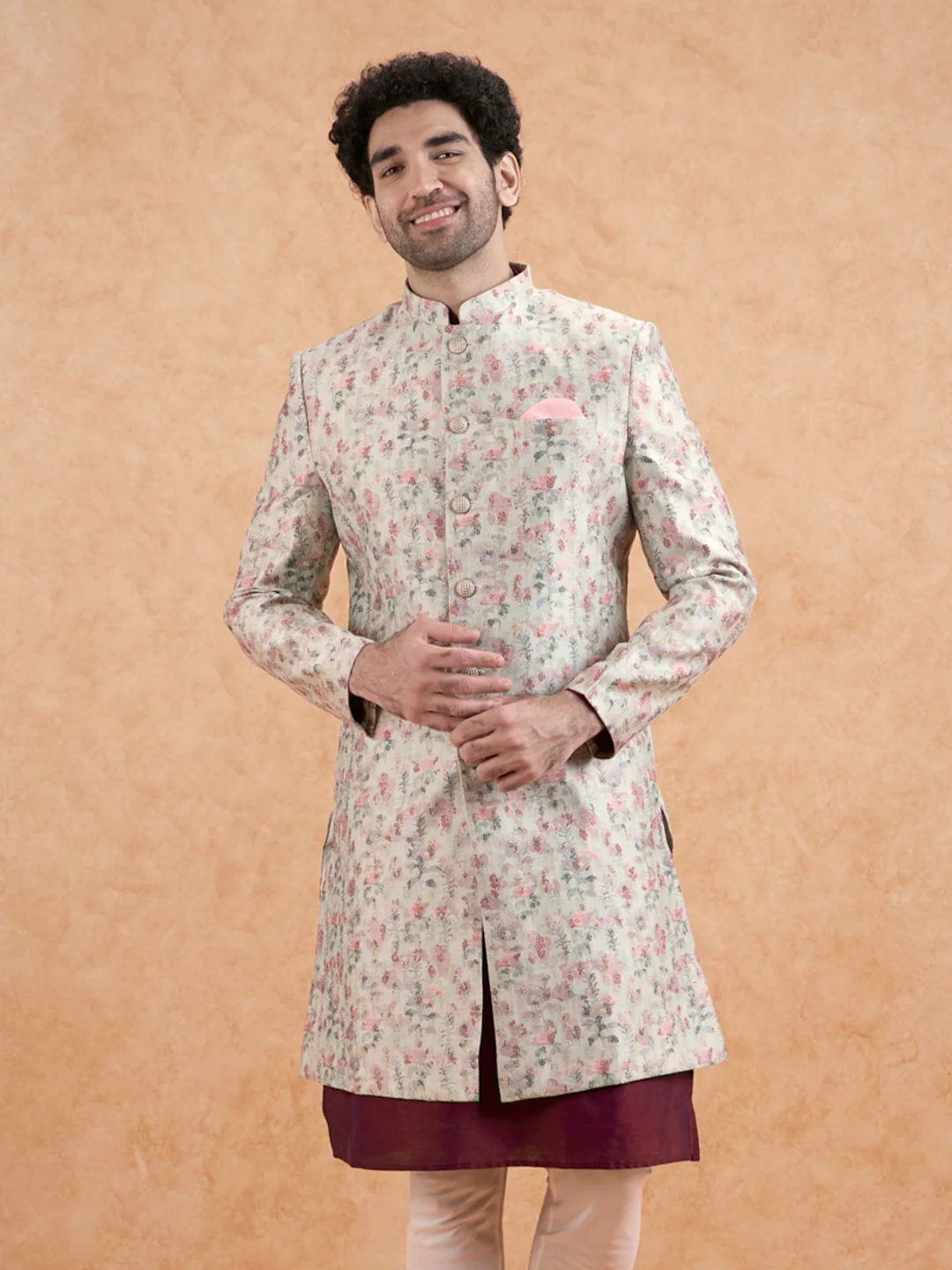 Ivory Floral Sherwani Kurta Set - Image 9