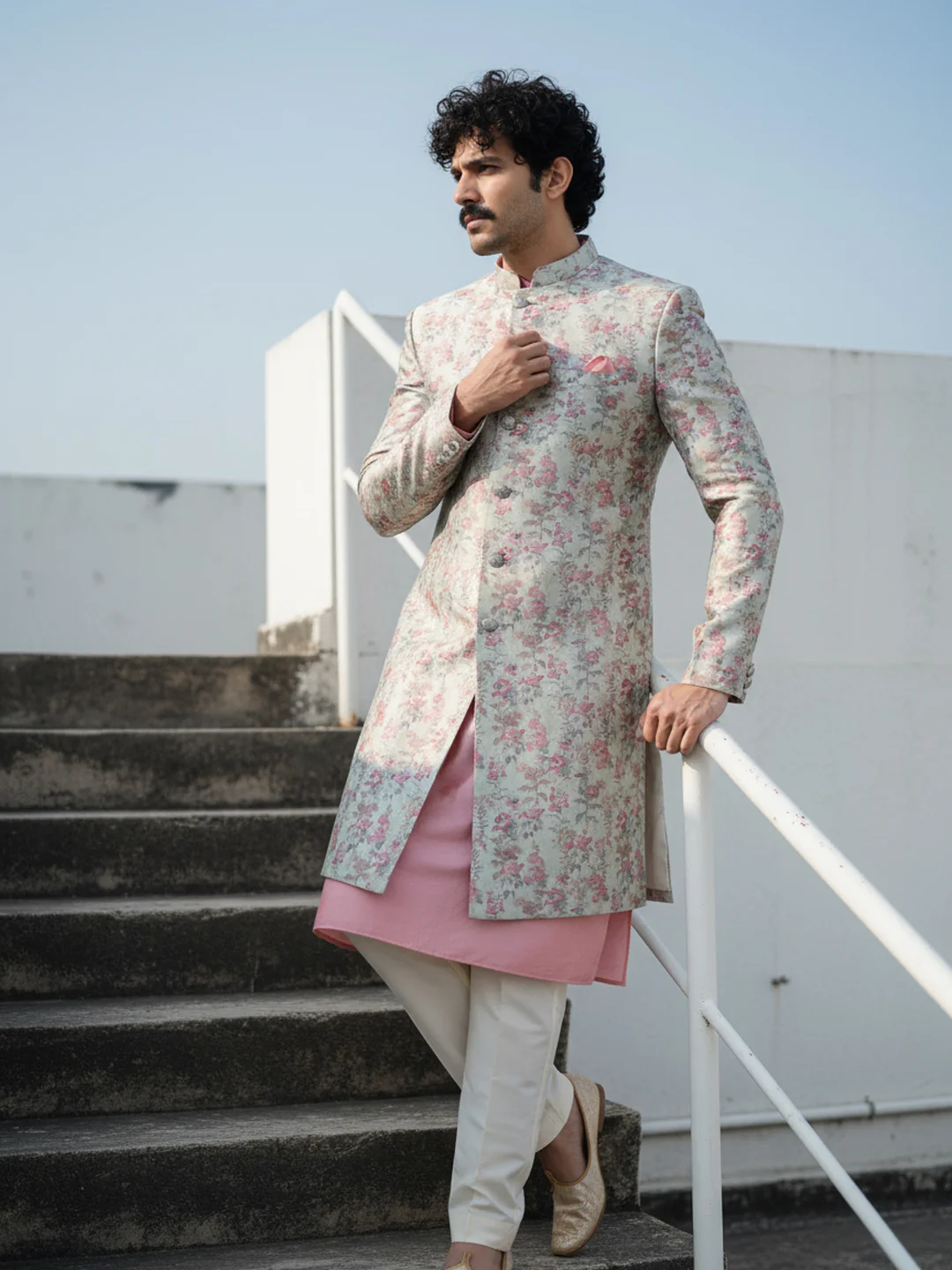 Ivory Floral Sherwani Kurta Trouser Set - Image 2