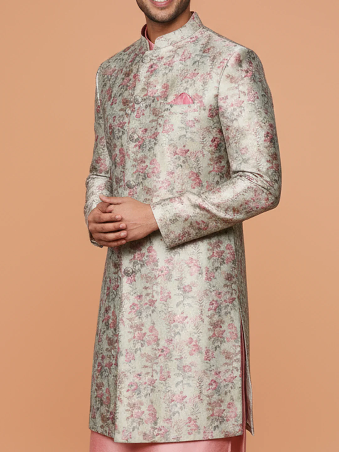 Ivory Floral Sherwani Kurta Trouser Set - Image 4