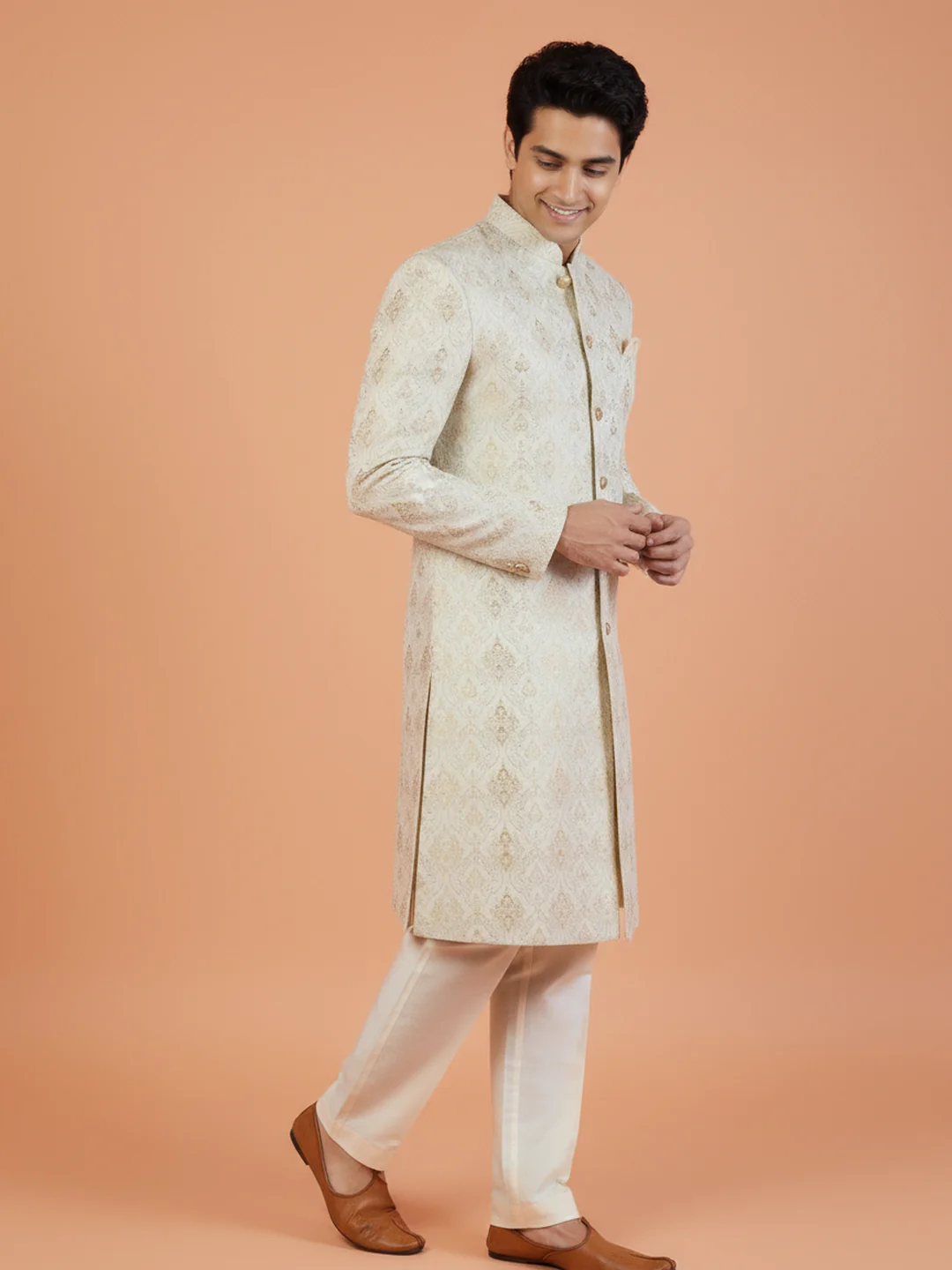 Ivory Gold Brocade Sherwani Trouser Set