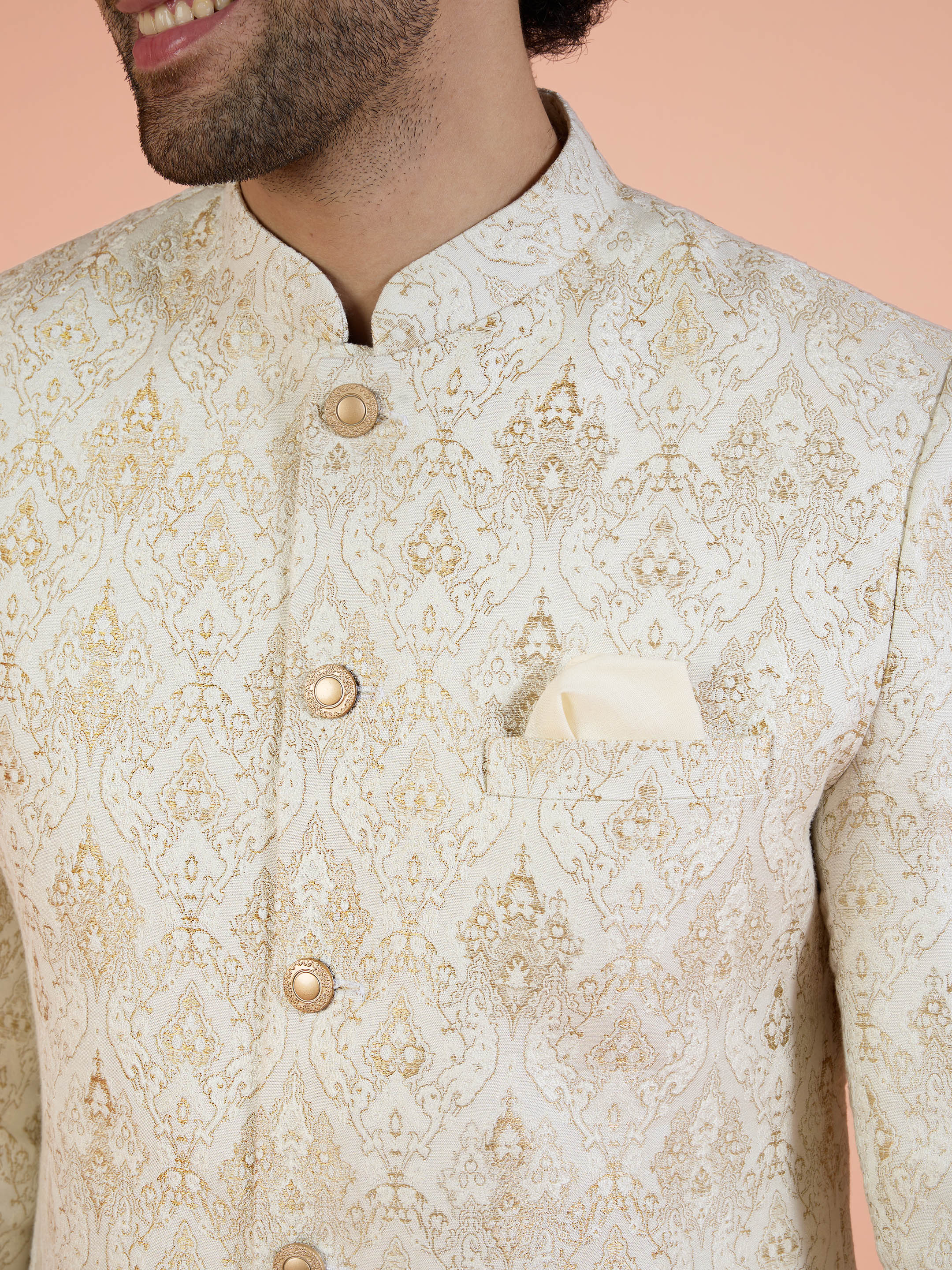 Ivory Gold Brocade Sherwani Trouser Set - Image 4