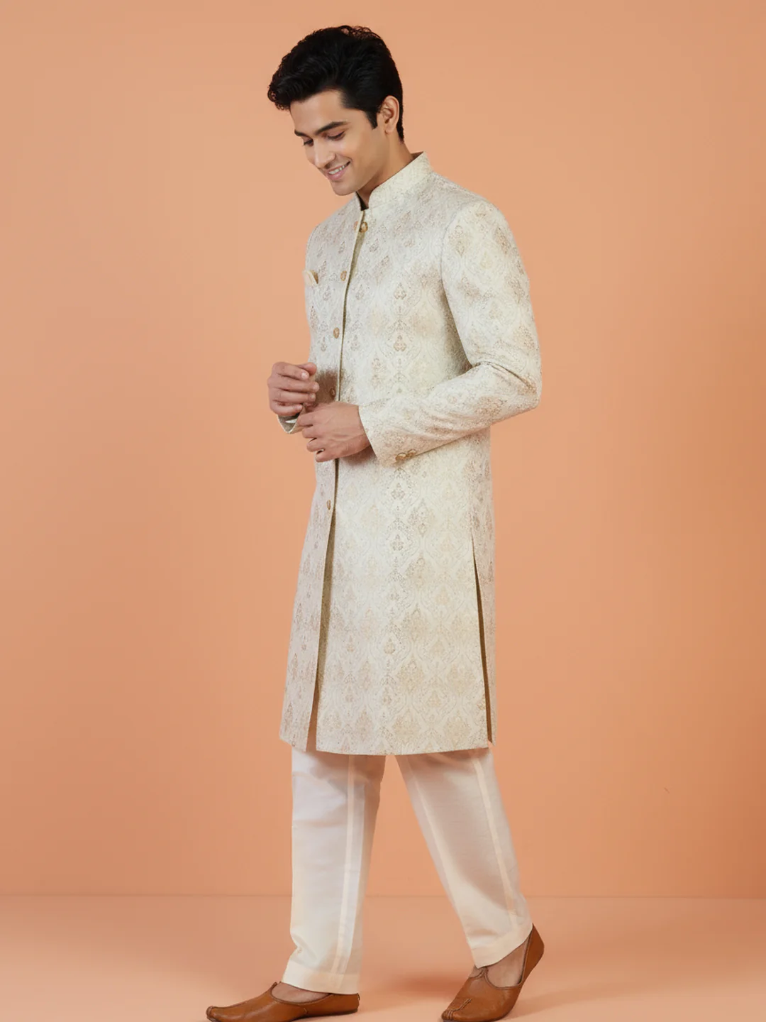Ivory Gold Brocade Sherwani Trouser Set - Image 6