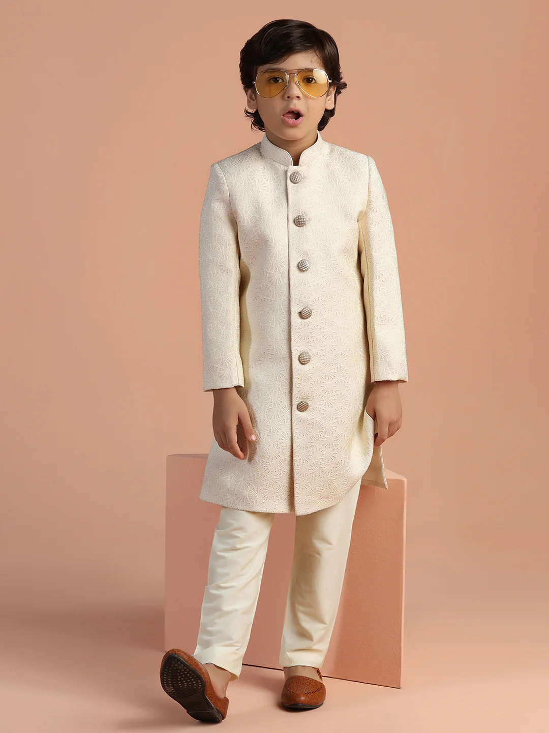 Ivory Jacquard Kids Sherwani Set