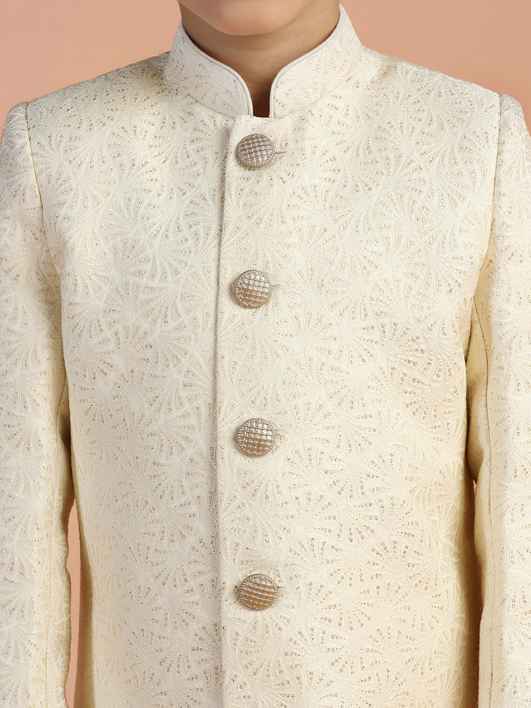 Ivory Jacquard Kids Sherwani Set - Image 5