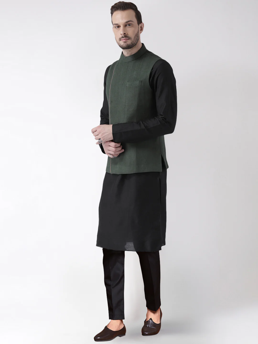 Men's Green Kurta Jacket Trousers Set - Image 3