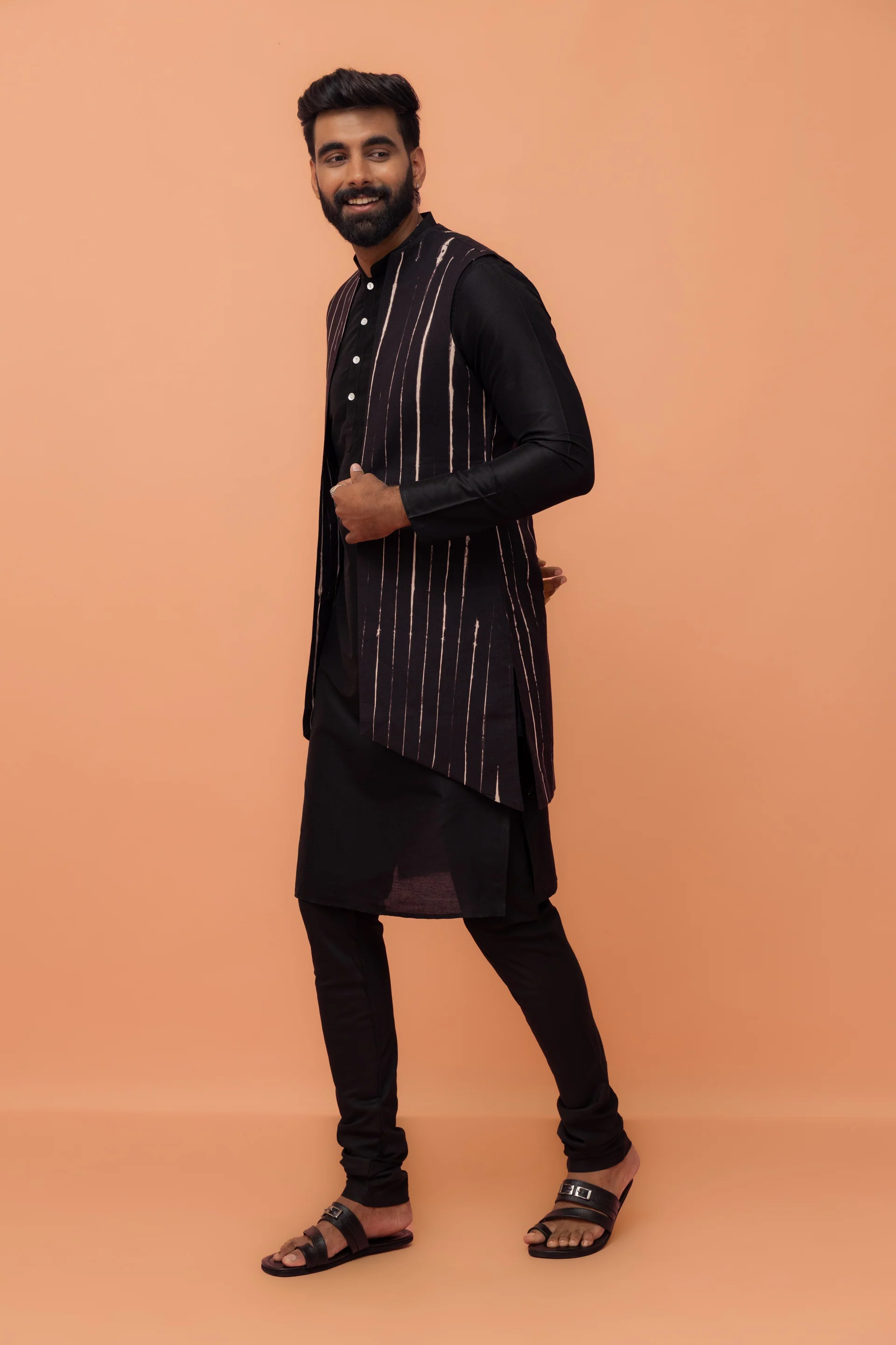 Black Striped Jacket Kurta Churidar Set - Image 2