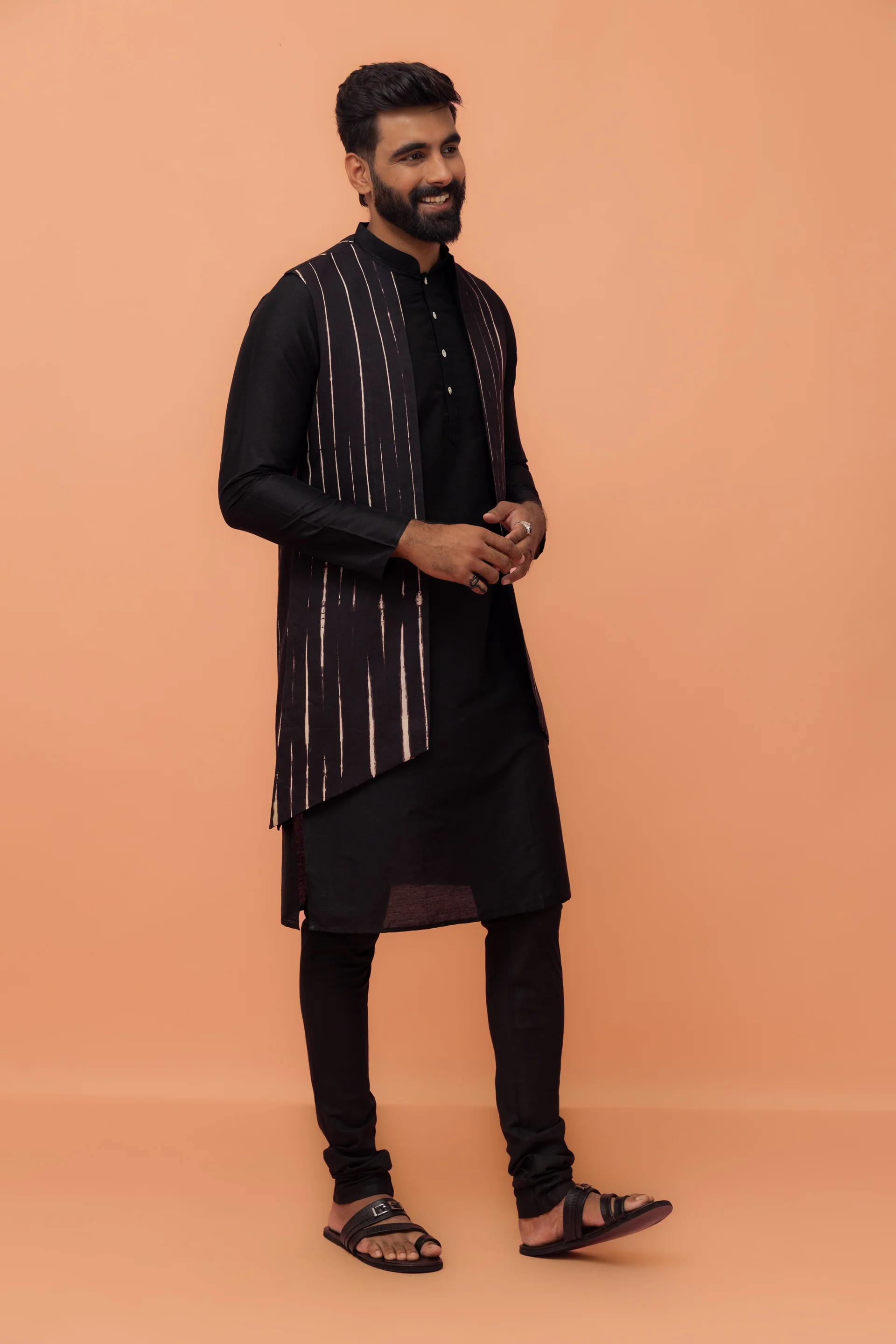 Black Striped Jacket Kurta Churidar Set - Image 3
