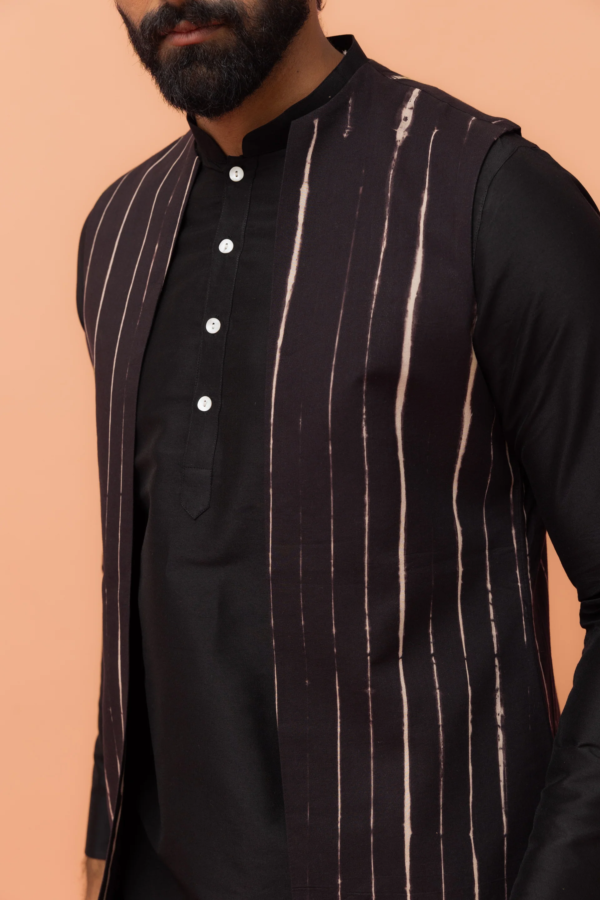 Black Striped Jacket Kurta Churidar Set - Image 5
