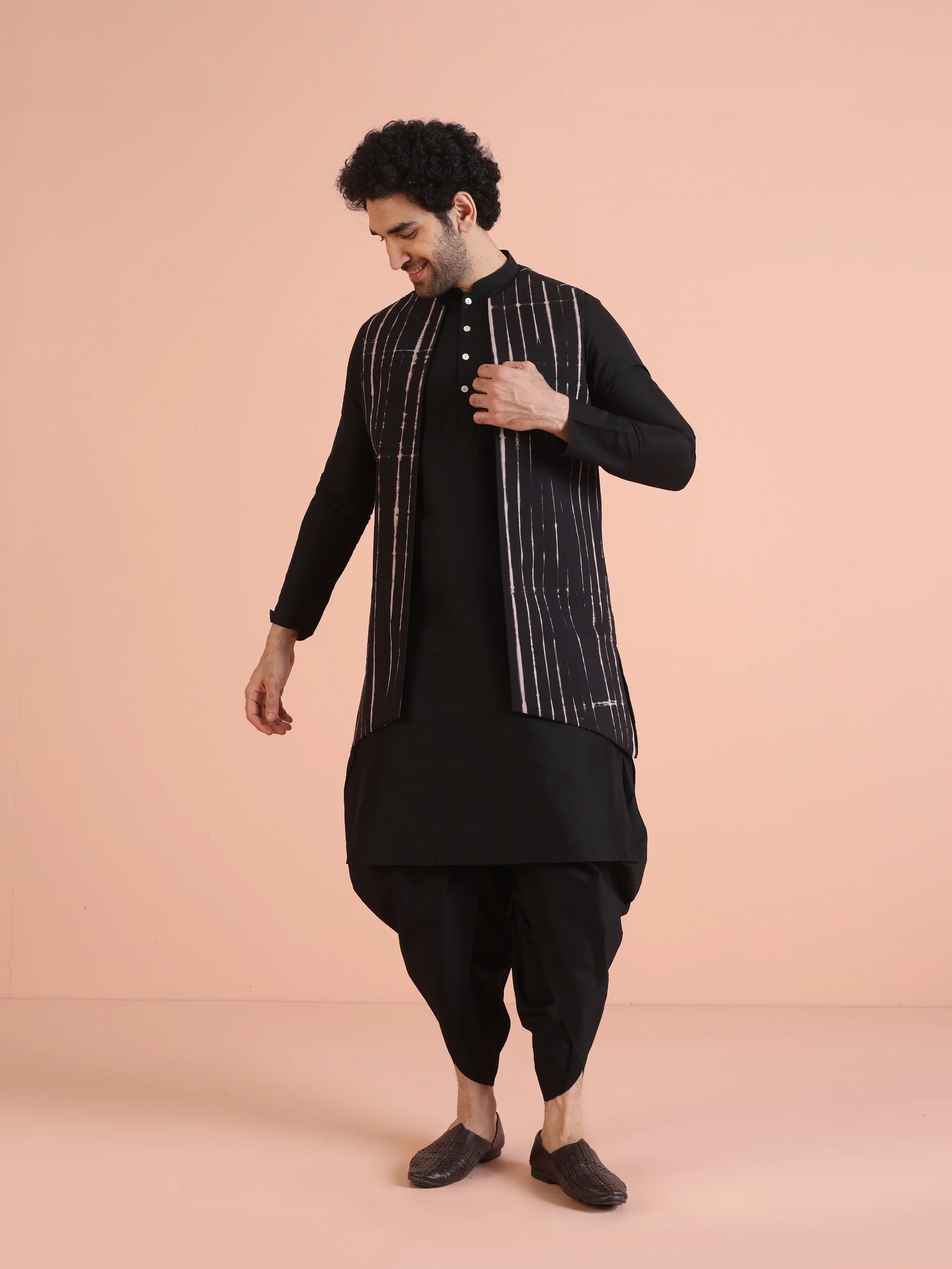 Black Printed Jacket Kurta Dhoti Set - Image 2