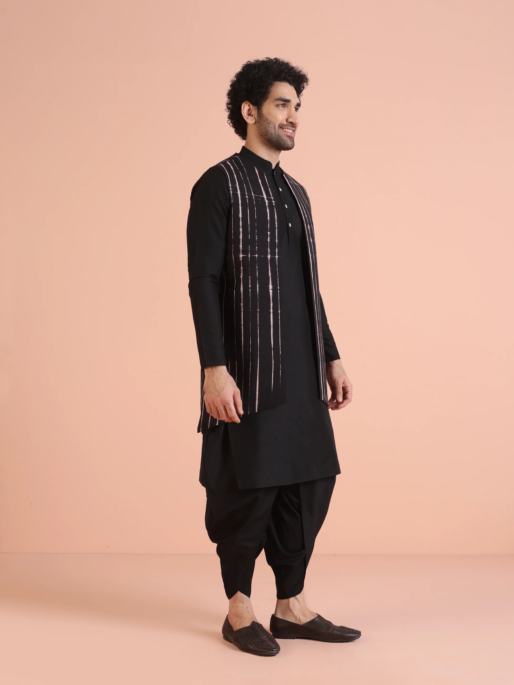 Black Printed Jacket Kurta Dhoti Set - Image 3