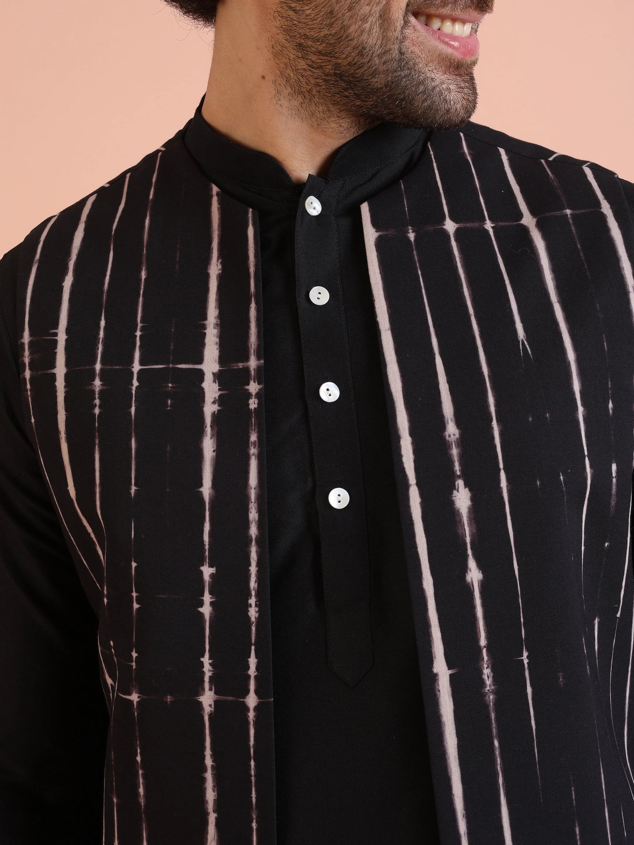 Black Cotton Printed Jacket Kurta Trouser Set - Image 6