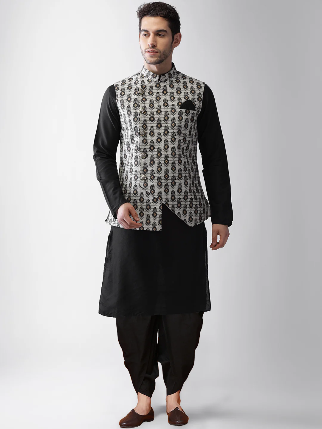 Men's Grey Kurta Jacket Dhoti Set