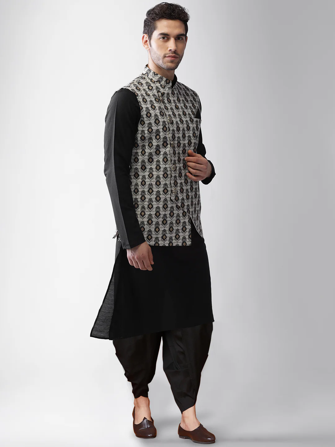 Men's Grey Kurta Jacket Dhoti Set - Image 2