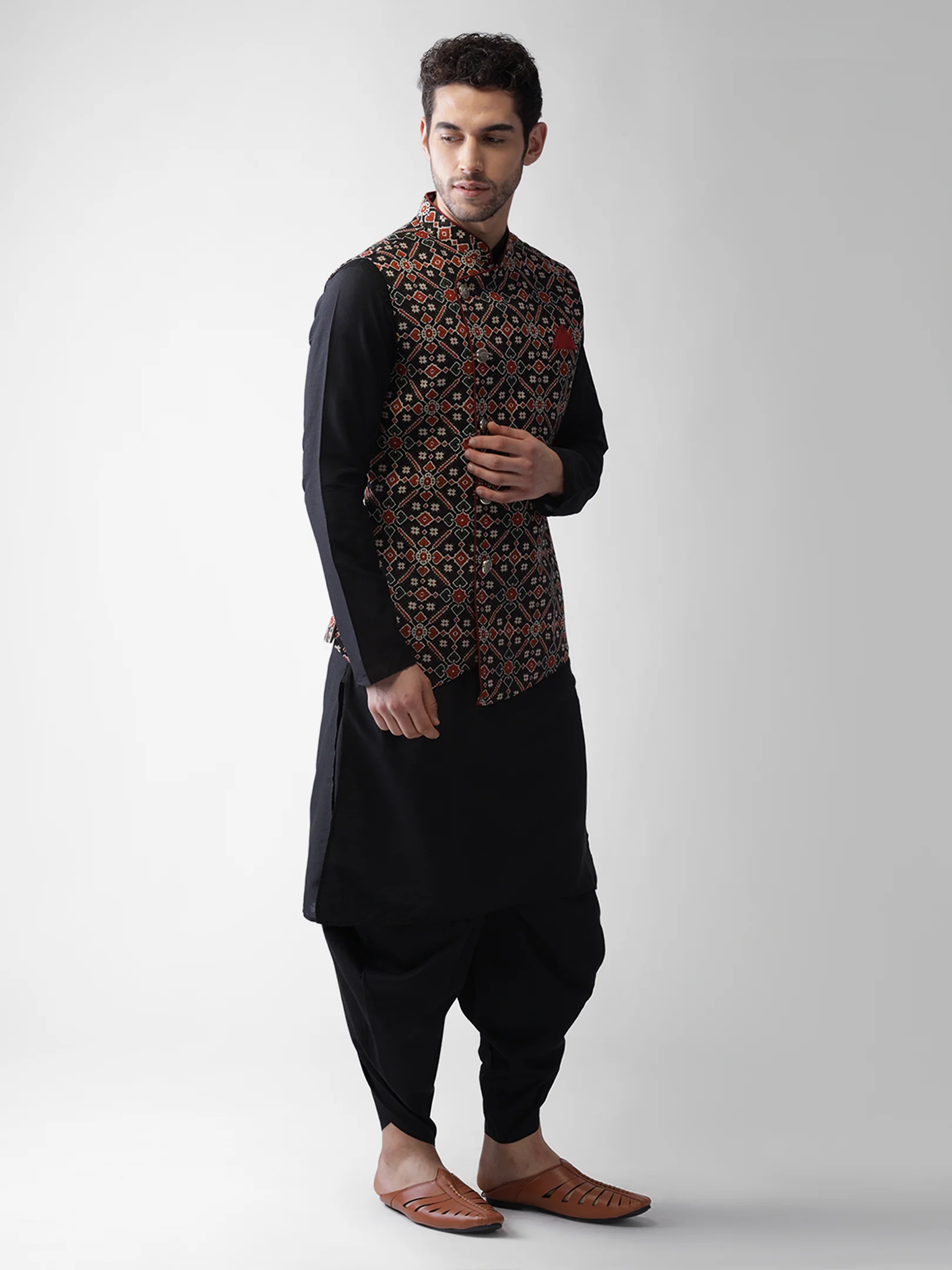 Men's Black Kurta Jacket Dhoti Set - Image 2