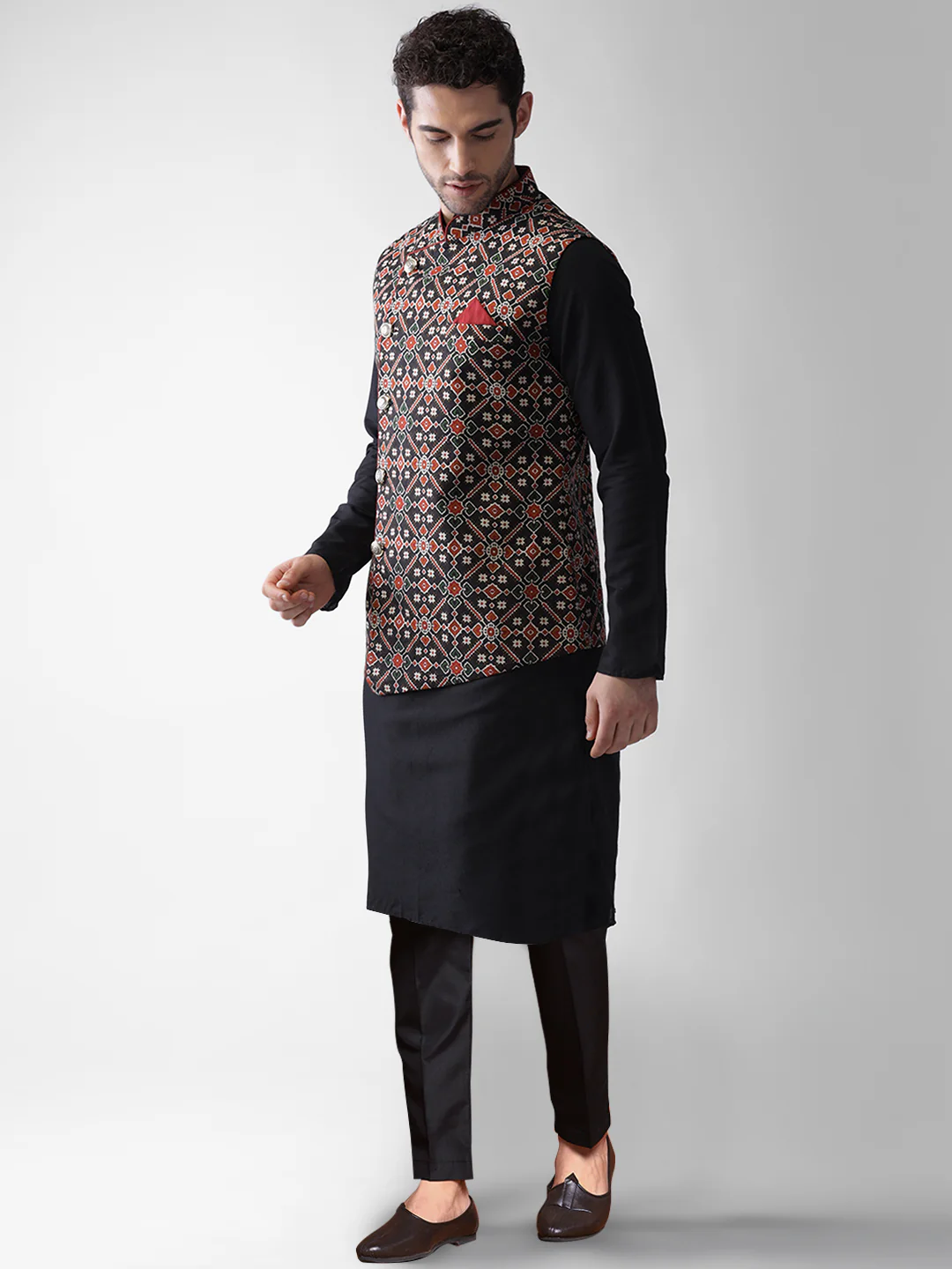 Kisah Men's Black Kurta Jacket Trousers Set - Image 3