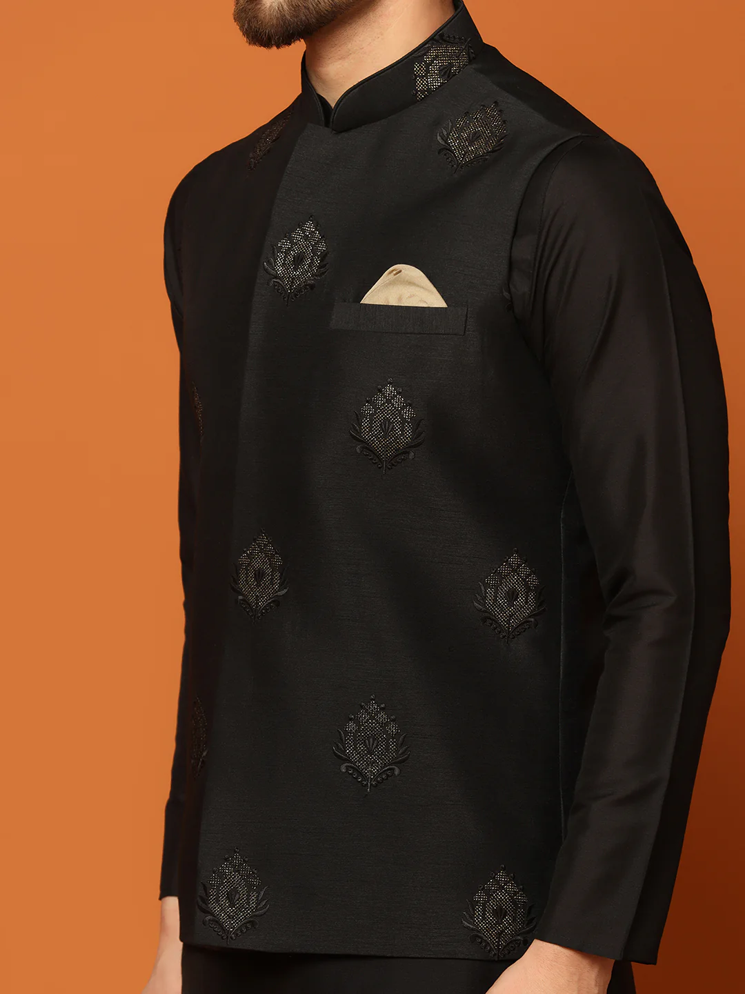 Black Embroidered Nehru Jacket Set with Kurta & Trouser - Image 6