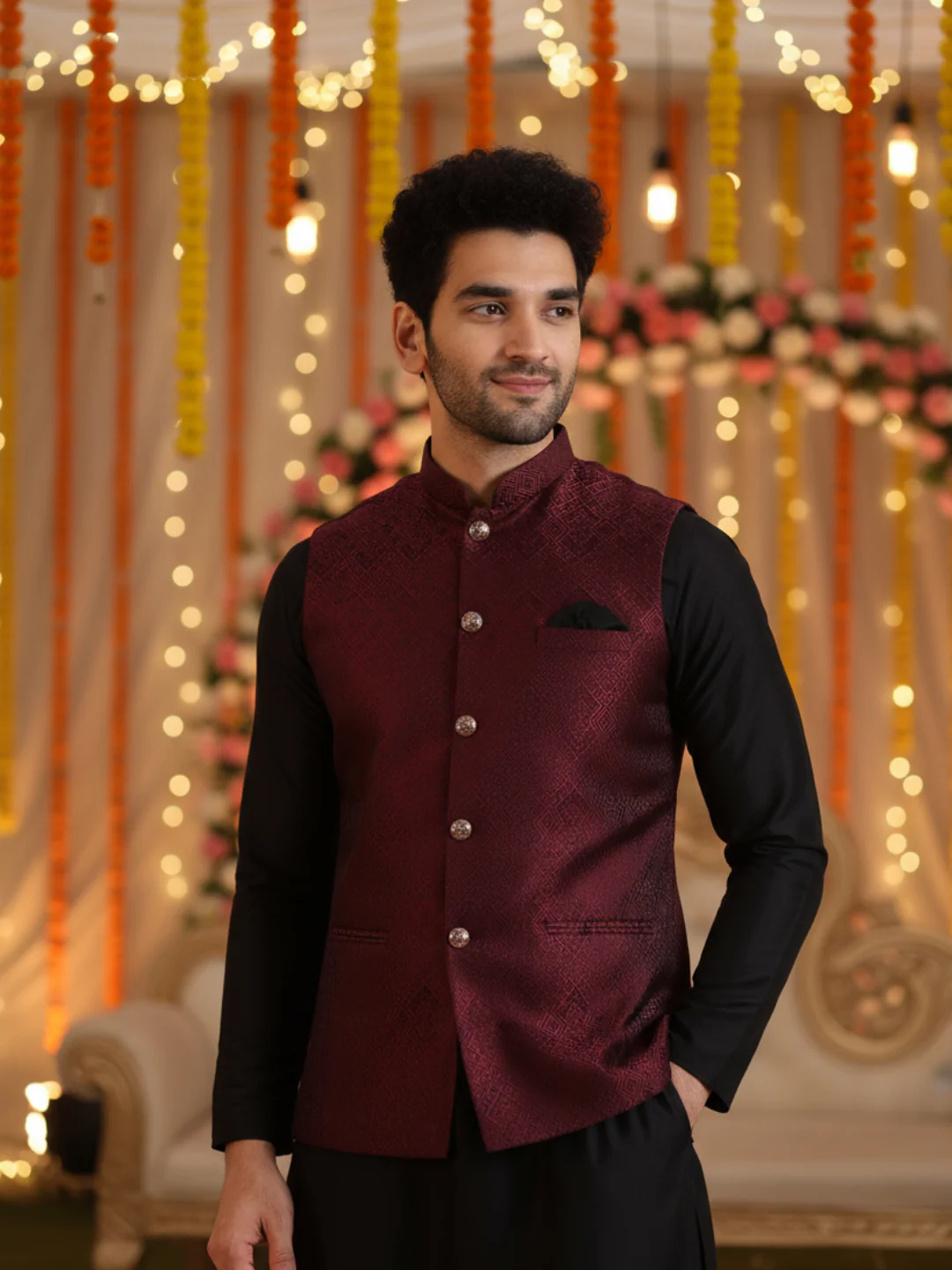Maroon Jacquard Nehru Jacket Kurta Set - Image 10