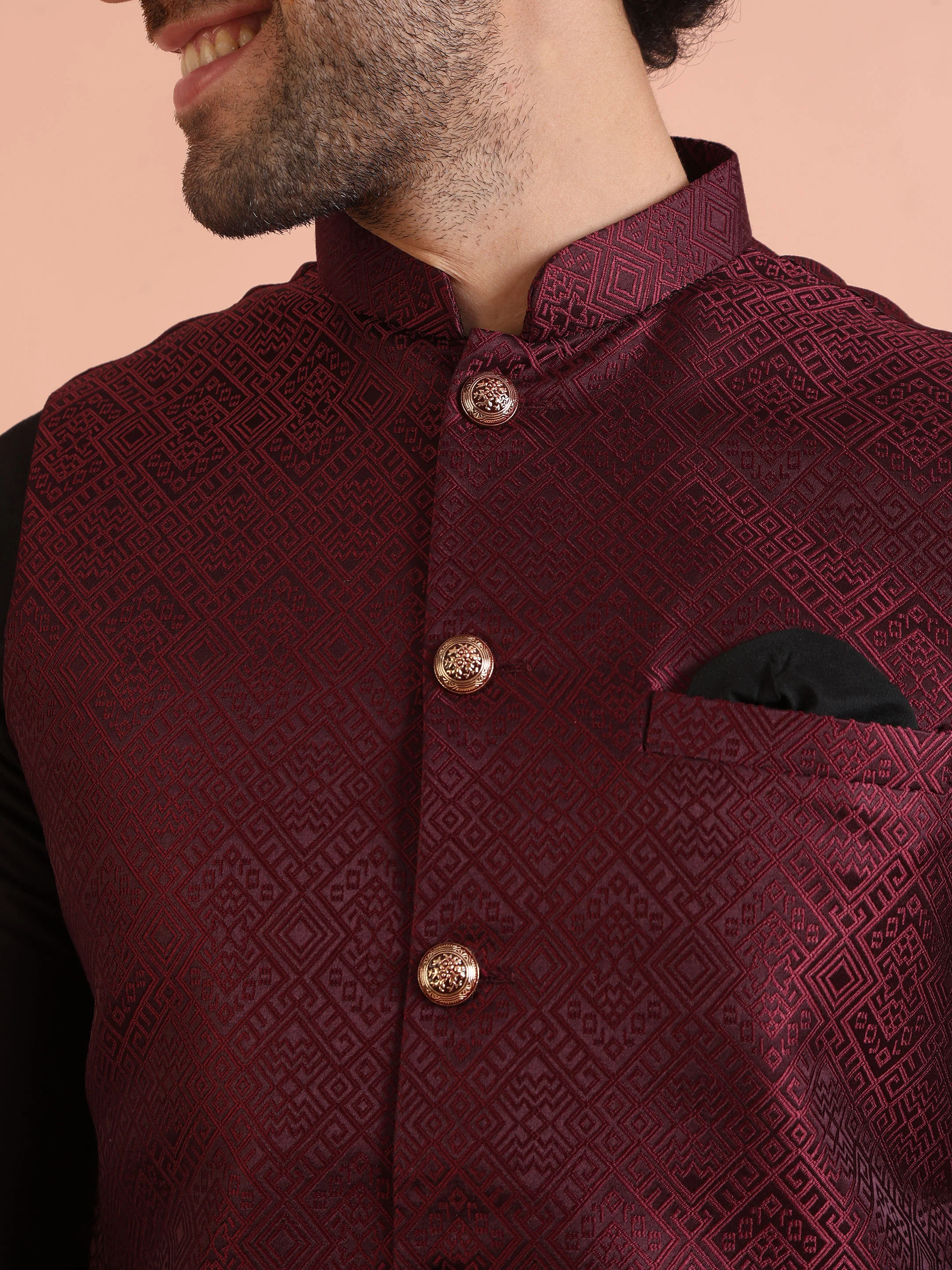 Maroon Jacquard Nehru Jacket Kurta Set - Image 6