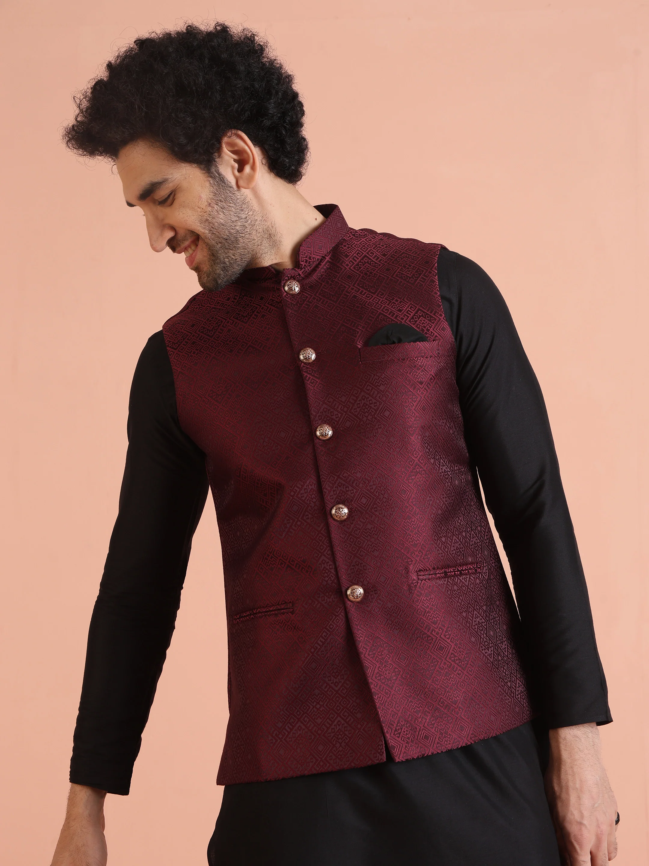 Maroon Jacquard Nehru Jacket Kurta Set - Image 7