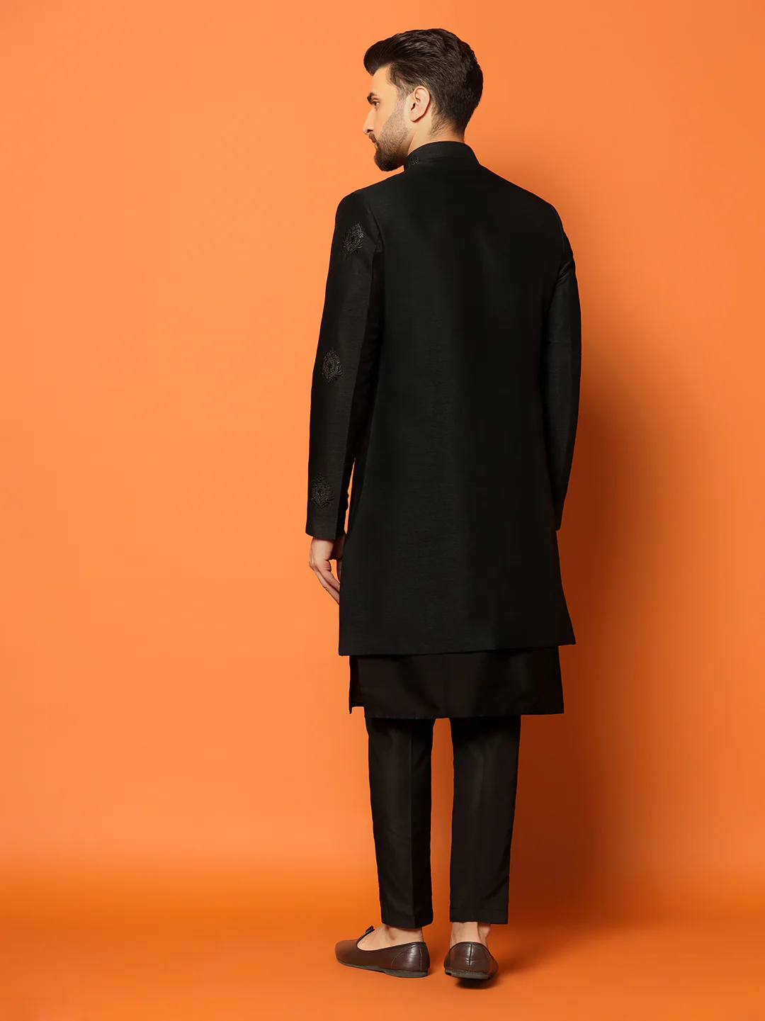 Men Black Embroidered Kurta Indowestern Churidar Set - Image 4