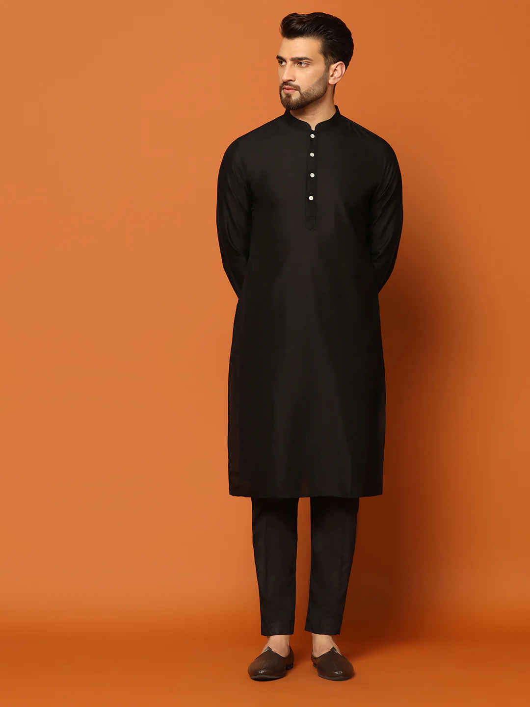 Men Black Embroidered Kurta Indowestern Churidar Set - Image 5