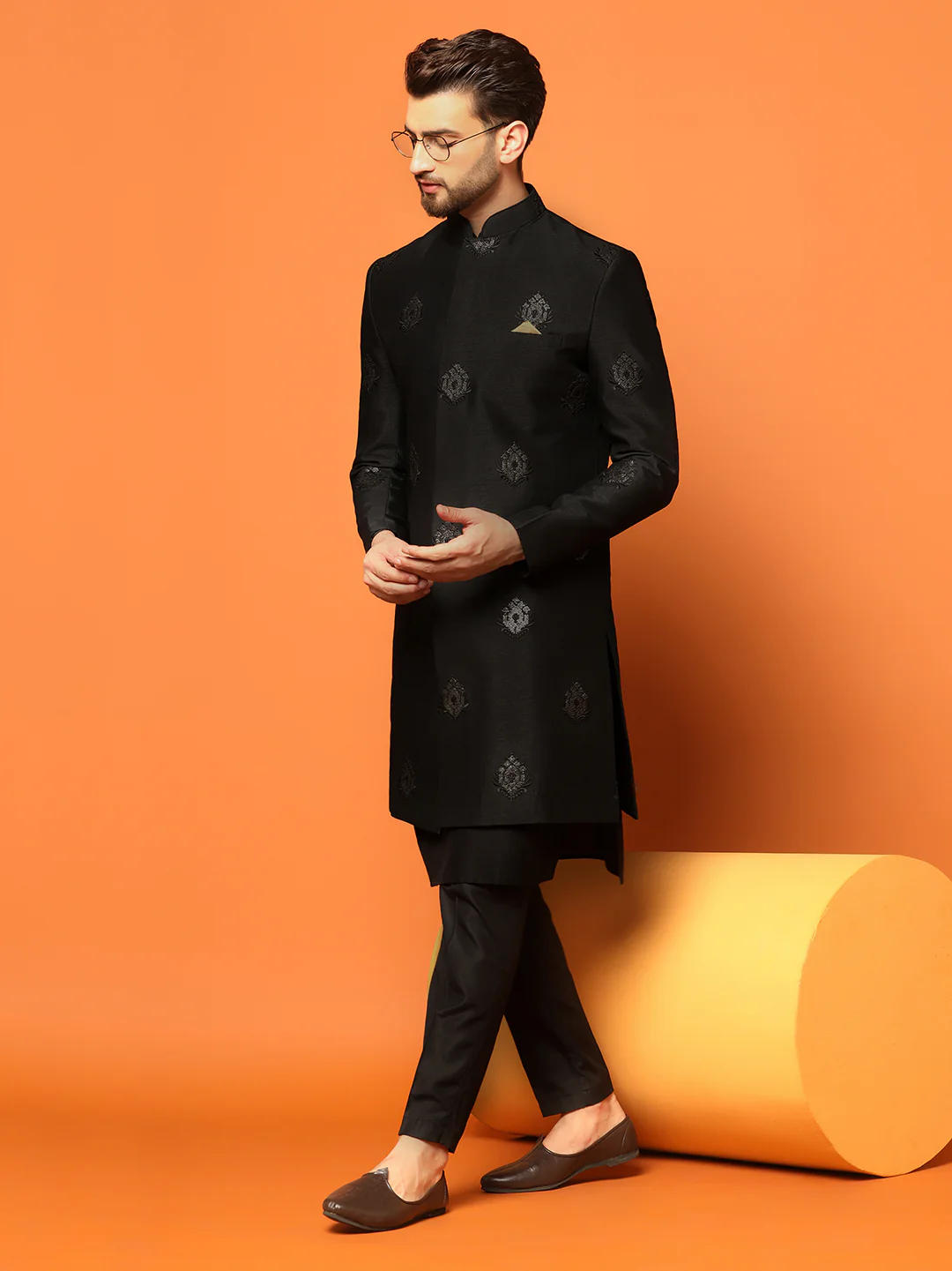 Men Black Embroidered Kurta Indowestern Churidar Set - Image 8