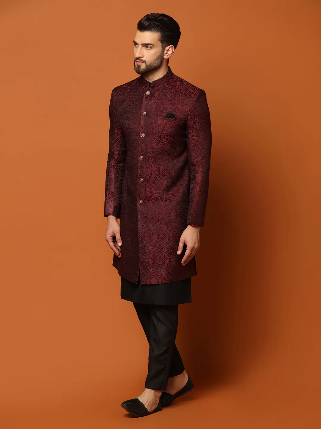 Maroon Silk Blend Woven Sherwani Kurta Trouser Set - Image 3