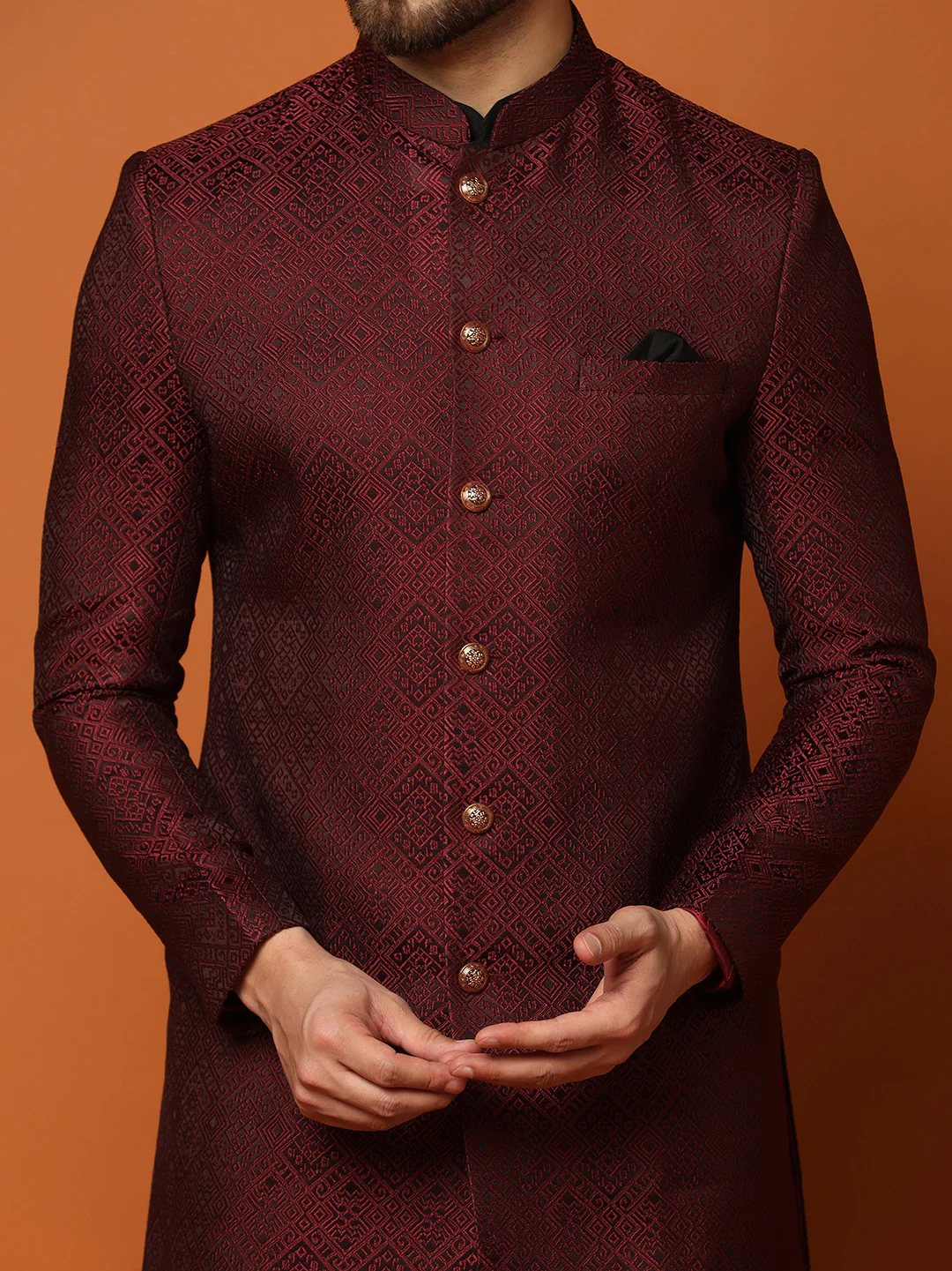 Maroon Silk Blend Woven Sherwani Kurta Trouser Set - Image 6