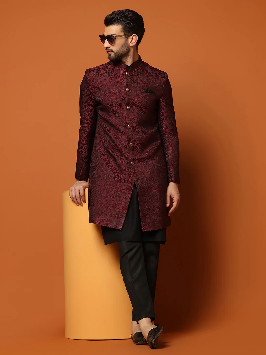 Maroon Silk Blend Woven Sherwani Kurta Trouser Set - Image 8