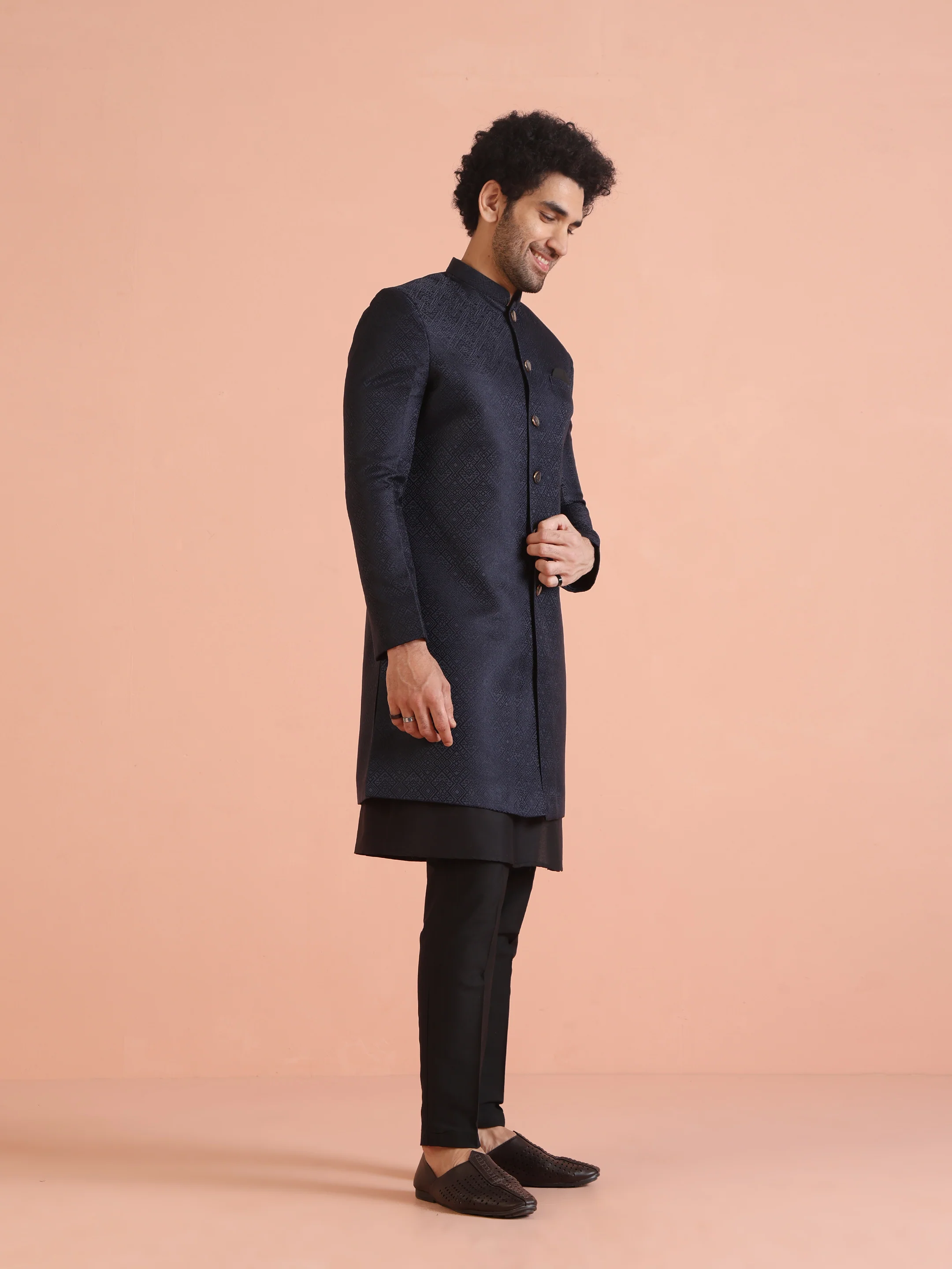 Navy Blue Silk Blend Woven Sherwani Kurta Trouser Set - Image 3