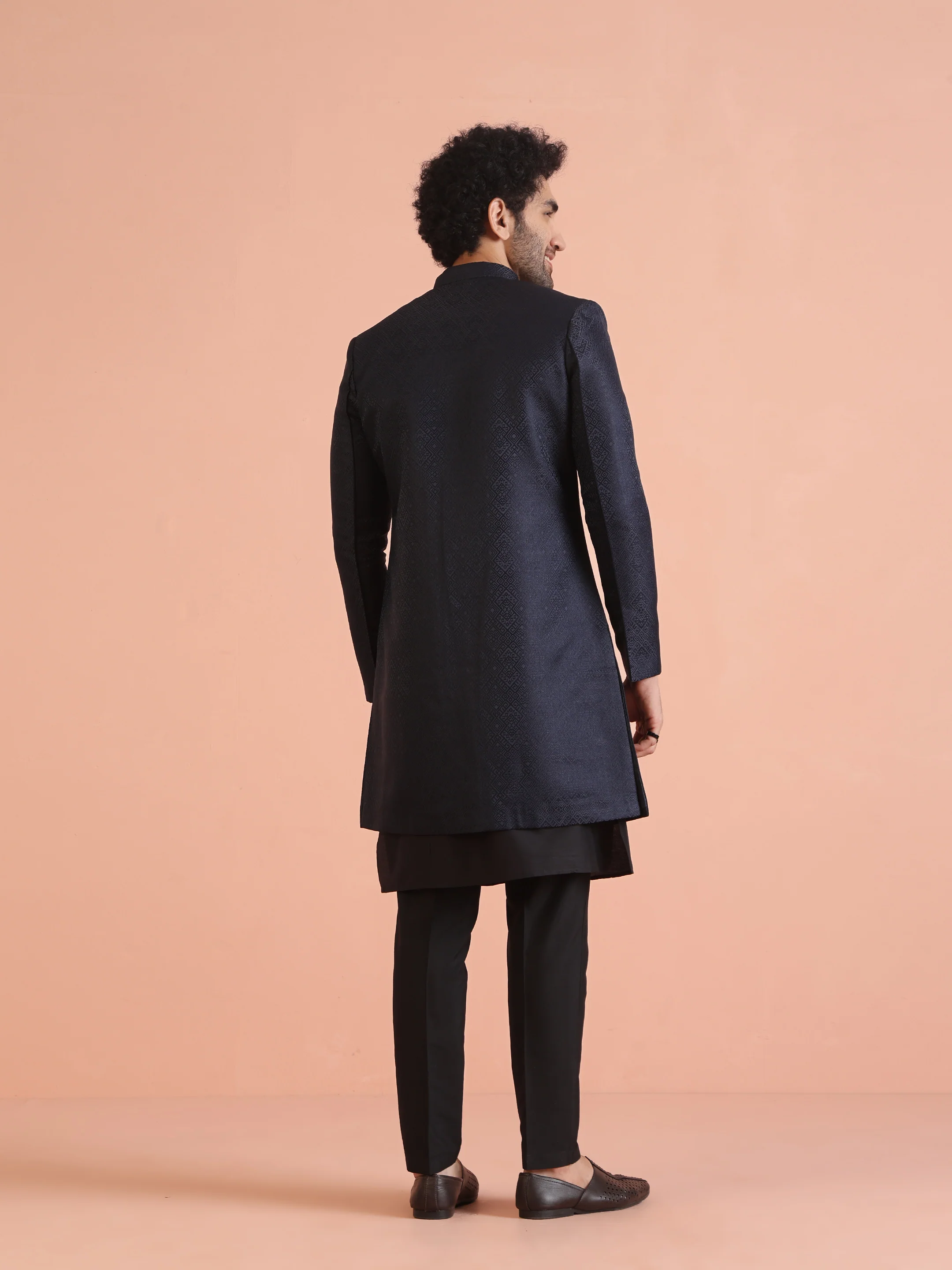 Navy Blue Silk Blend Woven Sherwani Kurta Trouser Set - Image 4