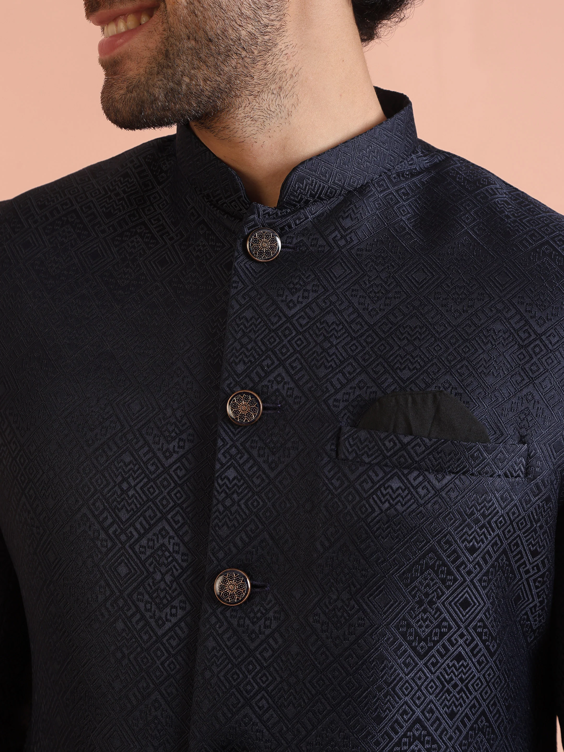 Navy Blue Silk Blend Woven Sherwani Kurta Trouser Set - Image 5