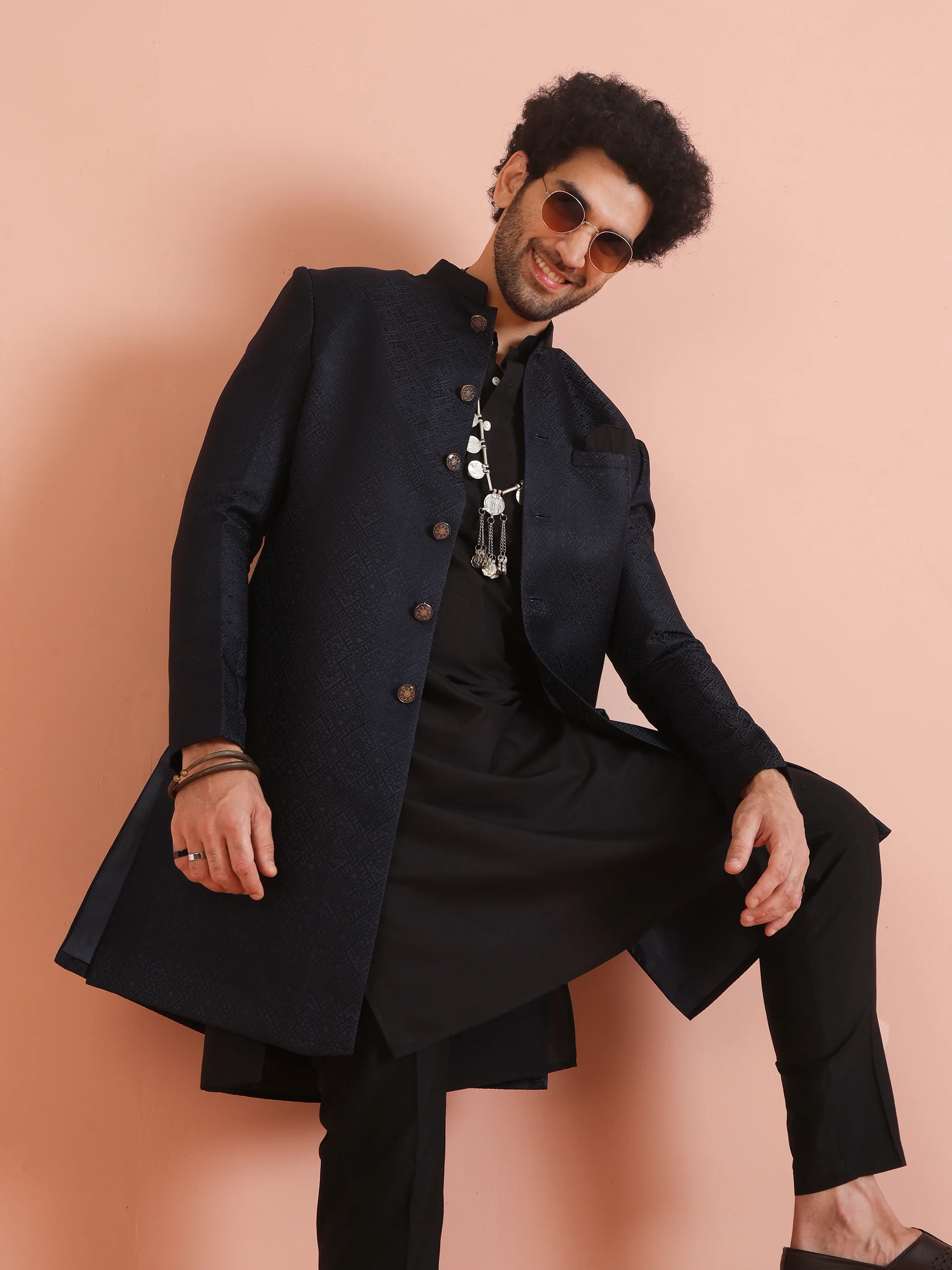 Navy Blue Silk Blend Woven Sherwani Kurta Trouser Set - Image 7