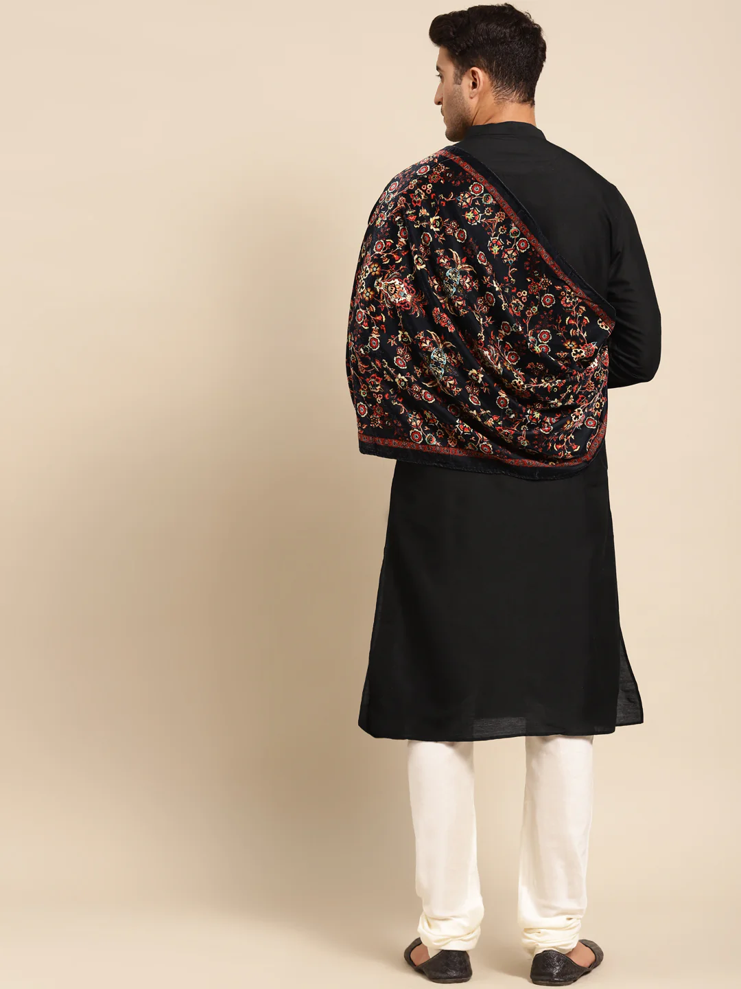 Black Silk Blend Kurta Churidar with Festive Dupatta - Image 3