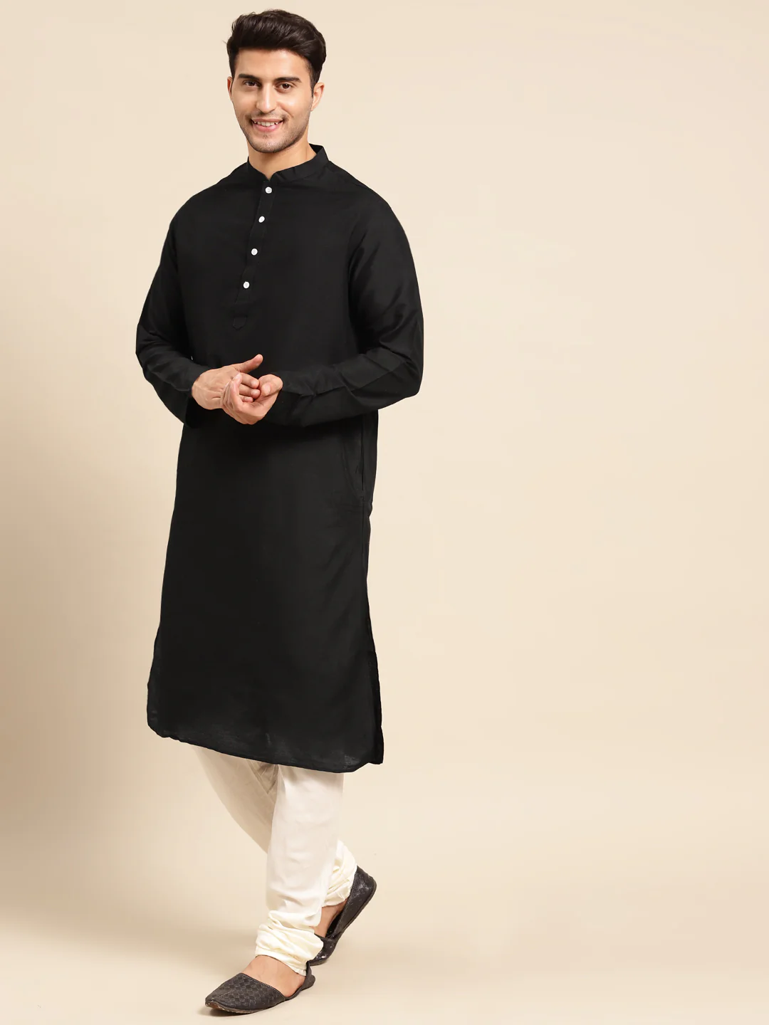 Black Silk Blend Kurta Churidar with Festive Dupatta - Image 4