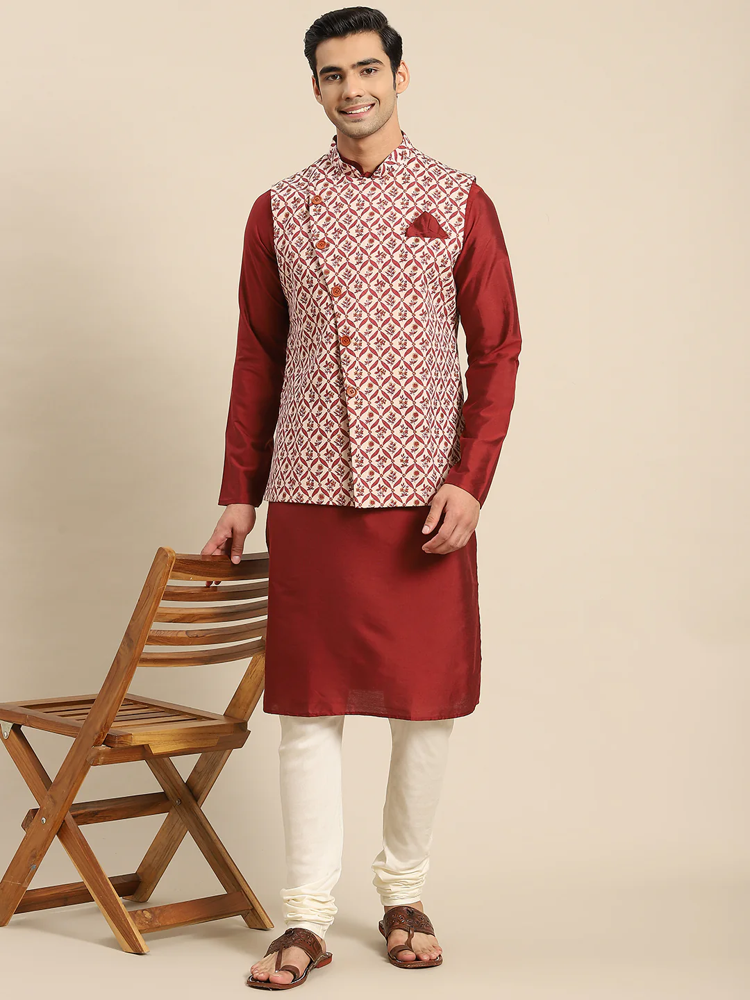 Men White Kurta Jacket Set - Image 2