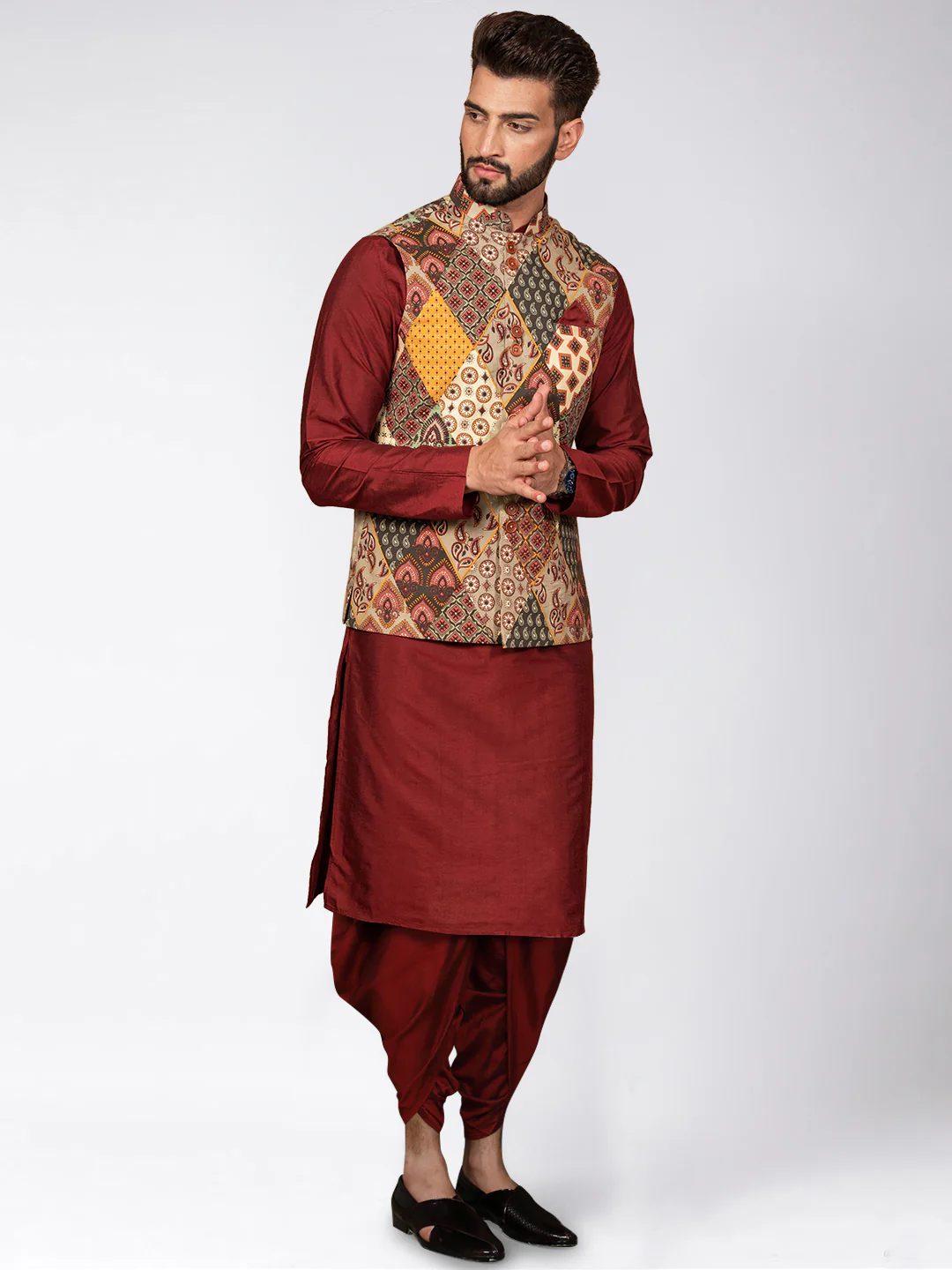 Men's Multi-Color Kurta Jacket Dhoti Set - Image 2