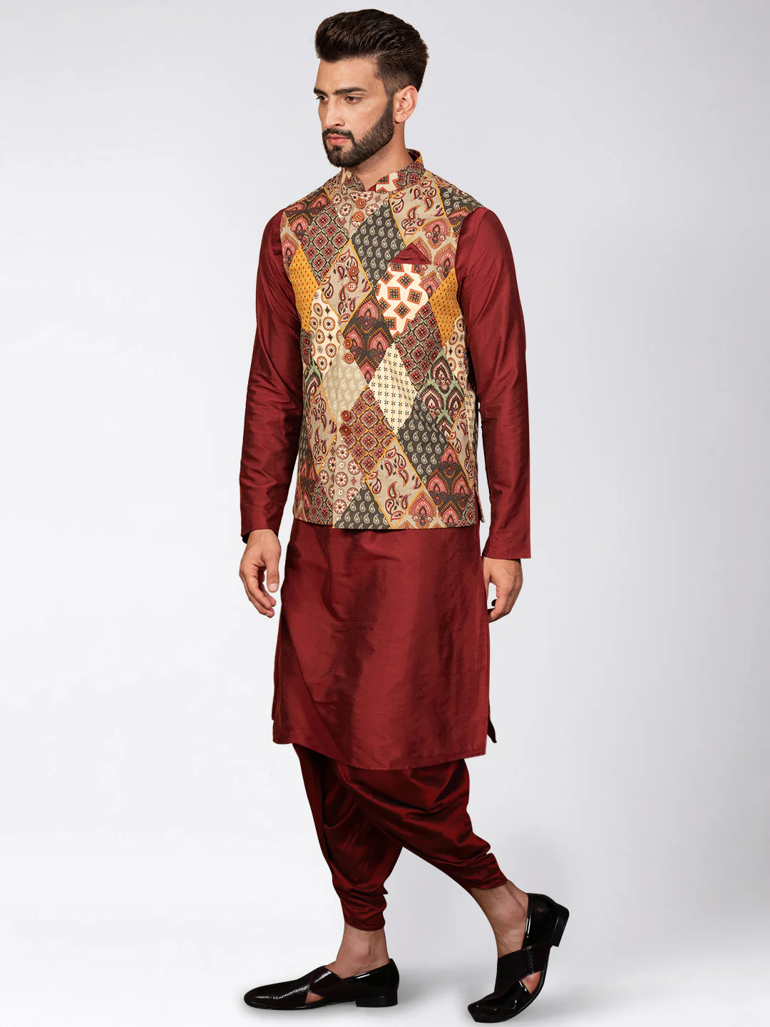 Men's Multi-Color Kurta Jacket Dhoti Set - Image 3