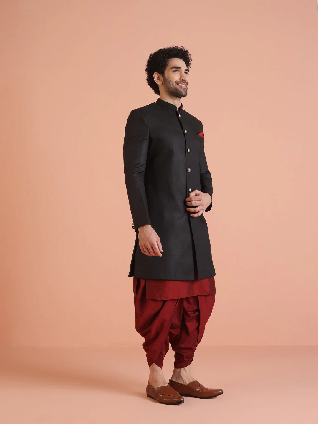 Men Black Solid Kurta Indowestern Dhoti Set - Image 11