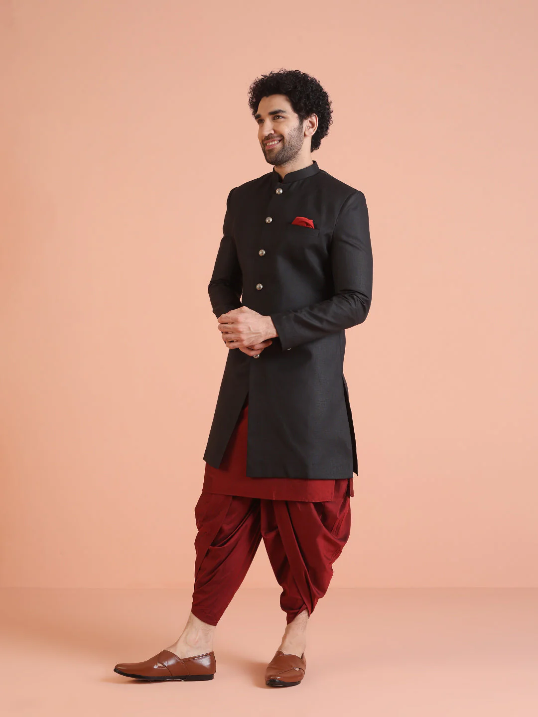 Men Black Solid Kurta Indowestern Dhoti Set - Image 12