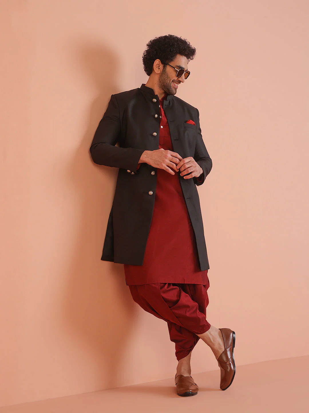 Men Black Solid Kurta Indowestern Dhoti Set - Image 19