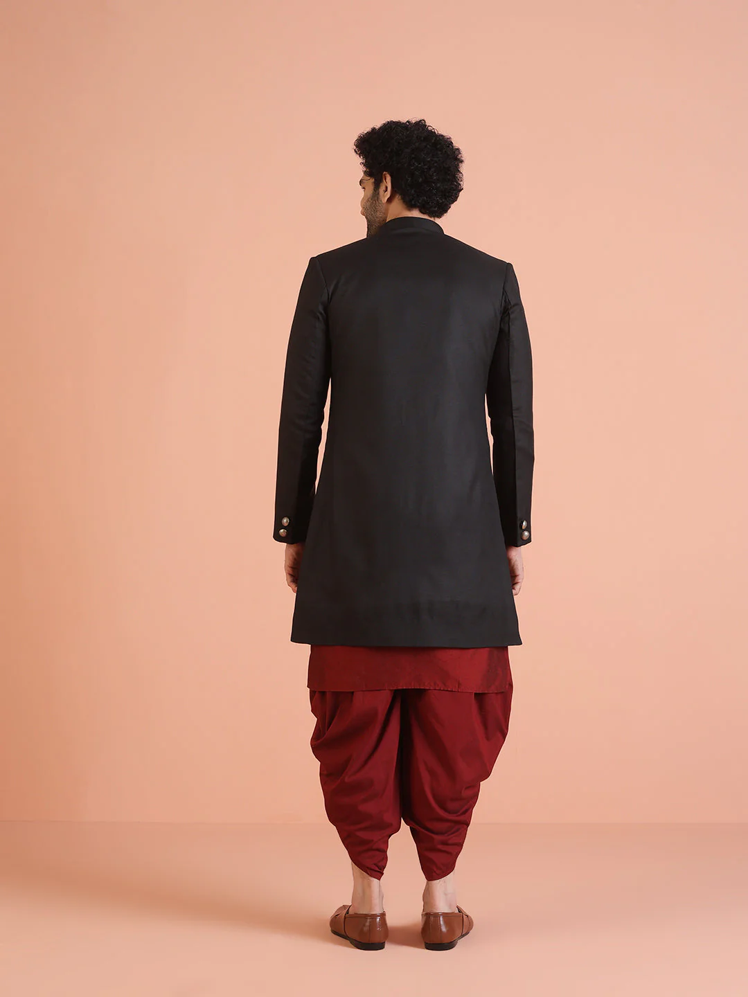 Men Black Solid Kurta Indowestern Dhoti Set - Image 22