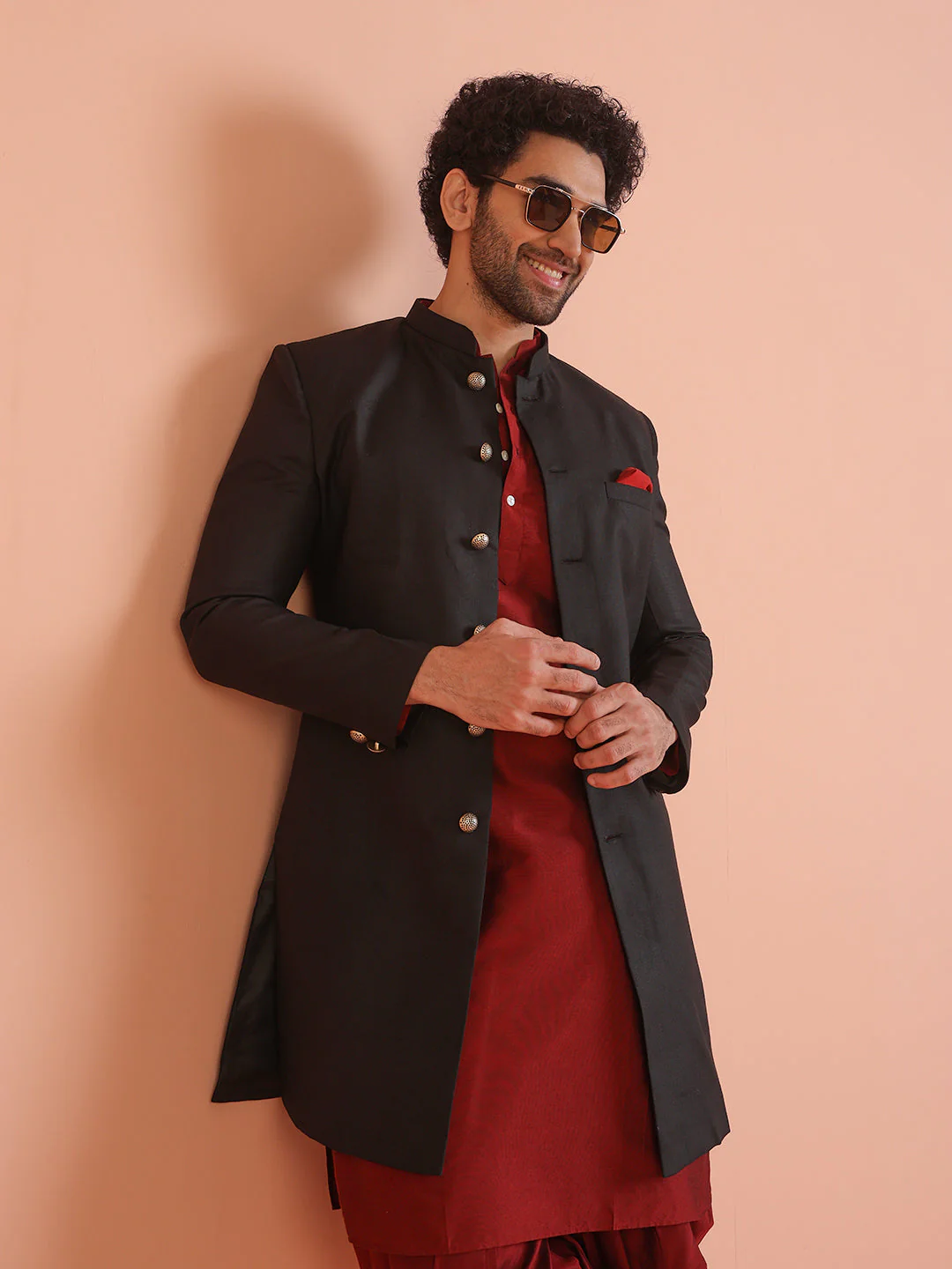 Men Black Solid Kurta Indowestern Dhoti Set - Image 26