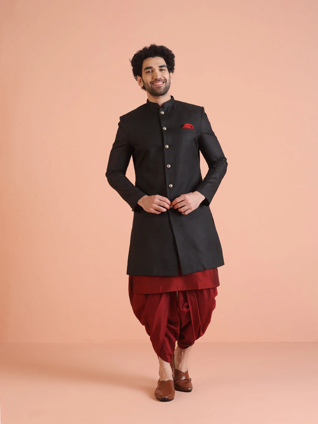 Men Black Solid Kurta Indowestern Dhoti Set - Image 27