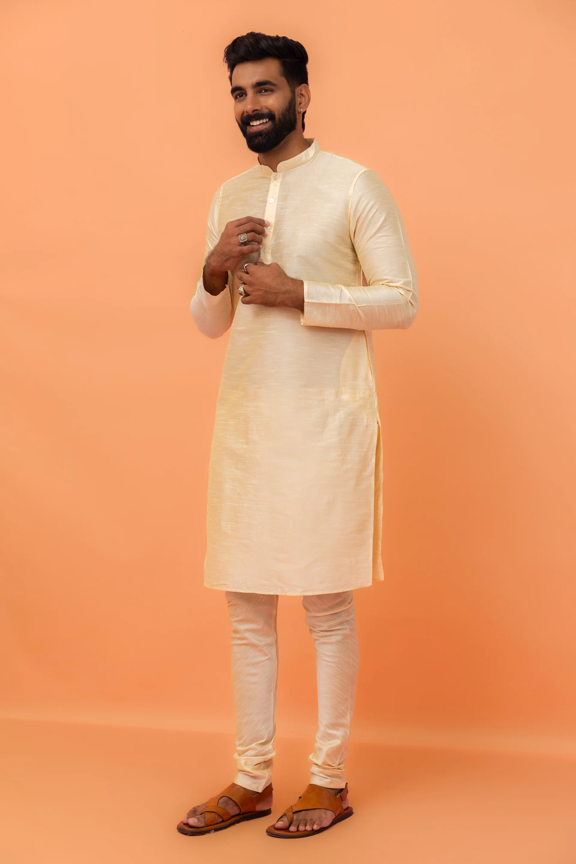 Beige Silk Blend Woven Jacket Kurta Churidar Set - Image 2