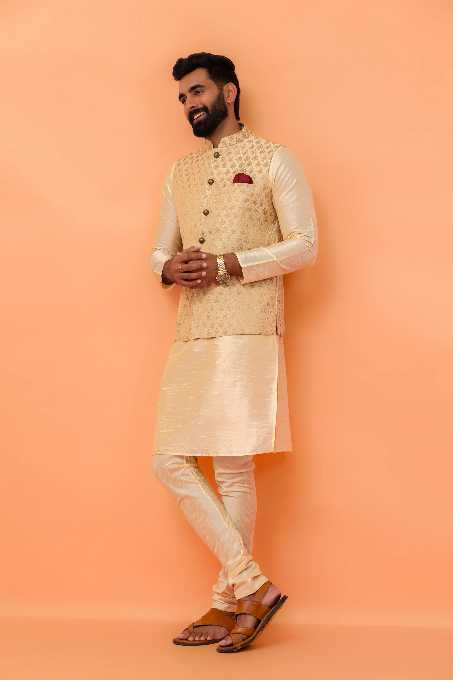 Beige Silk Blend Woven Jacket Kurta Churidar Set - Image 4