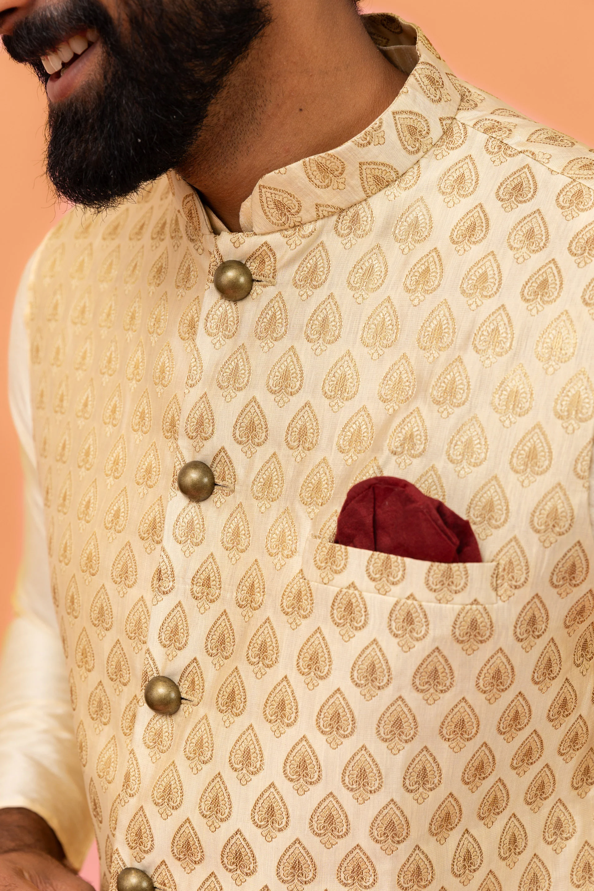 Beige Silk Blend Woven Jacket Kurta Churidar Set - Image 7