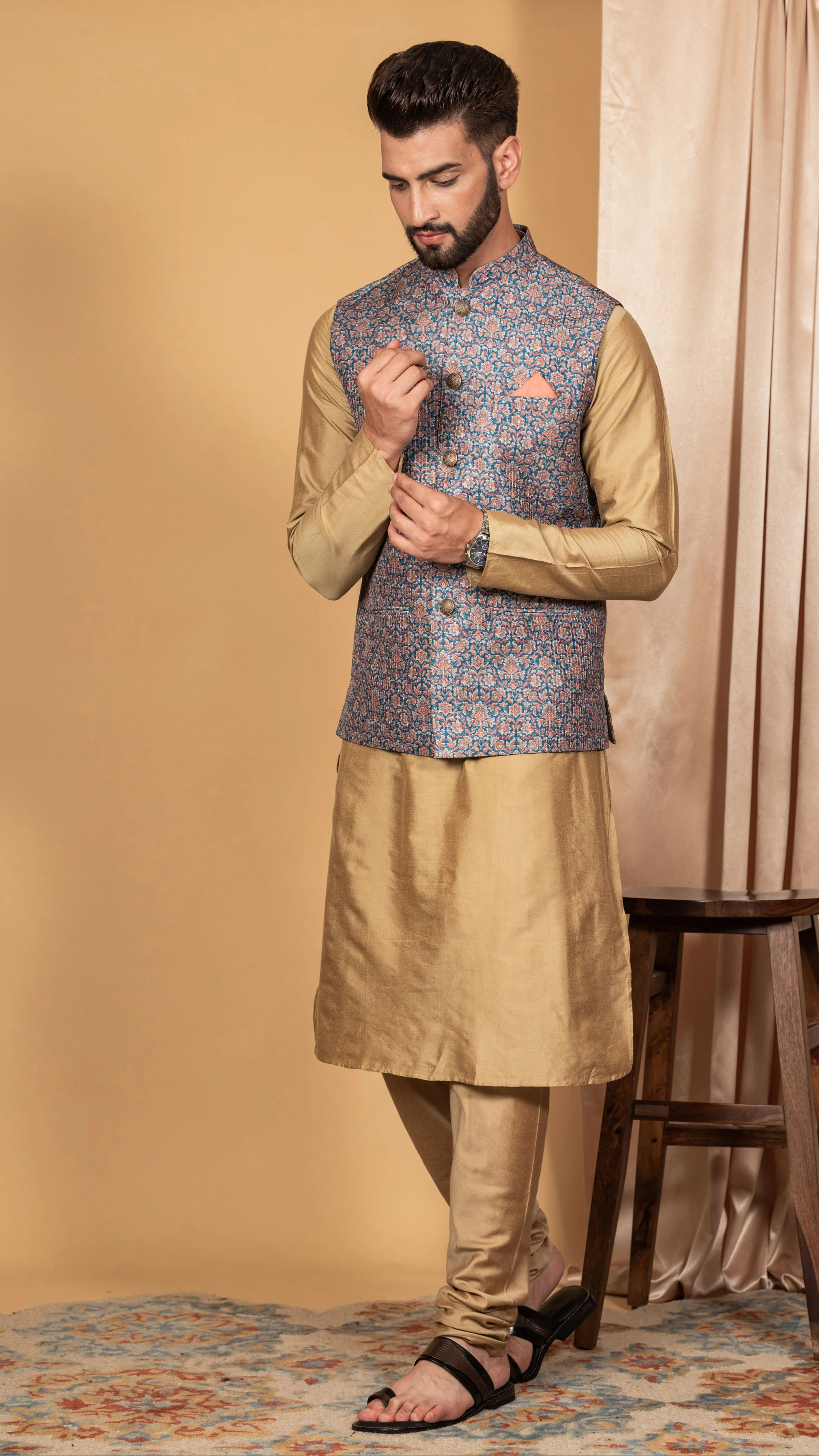 Men Blue Kurta Jacket Set - Image 2
