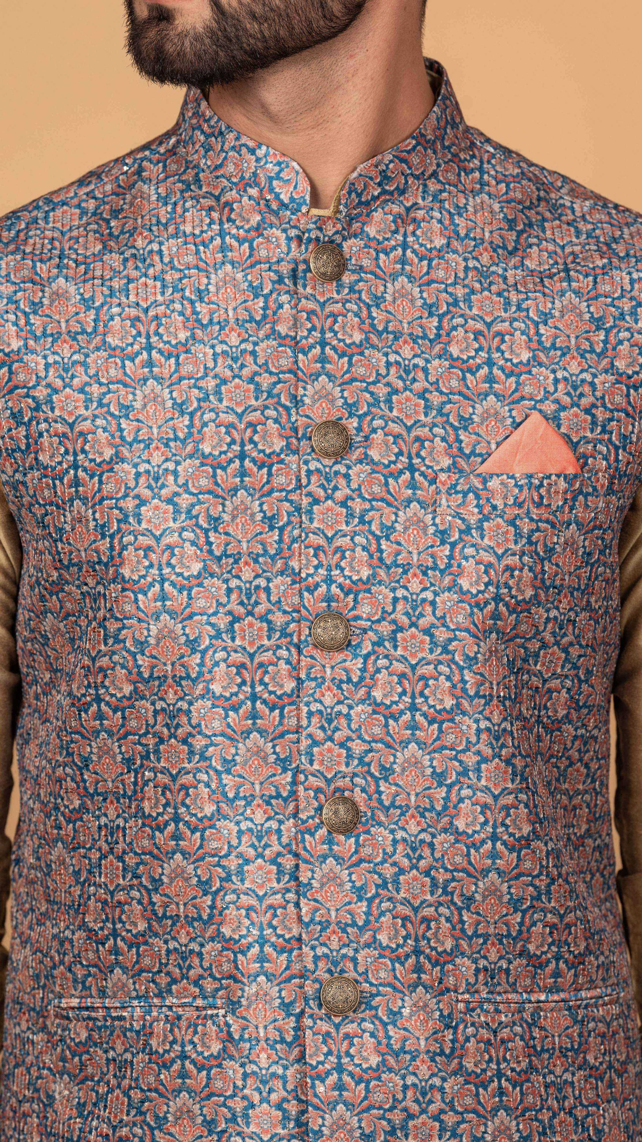 Men Blue Kurta Jacket Set - Image 4